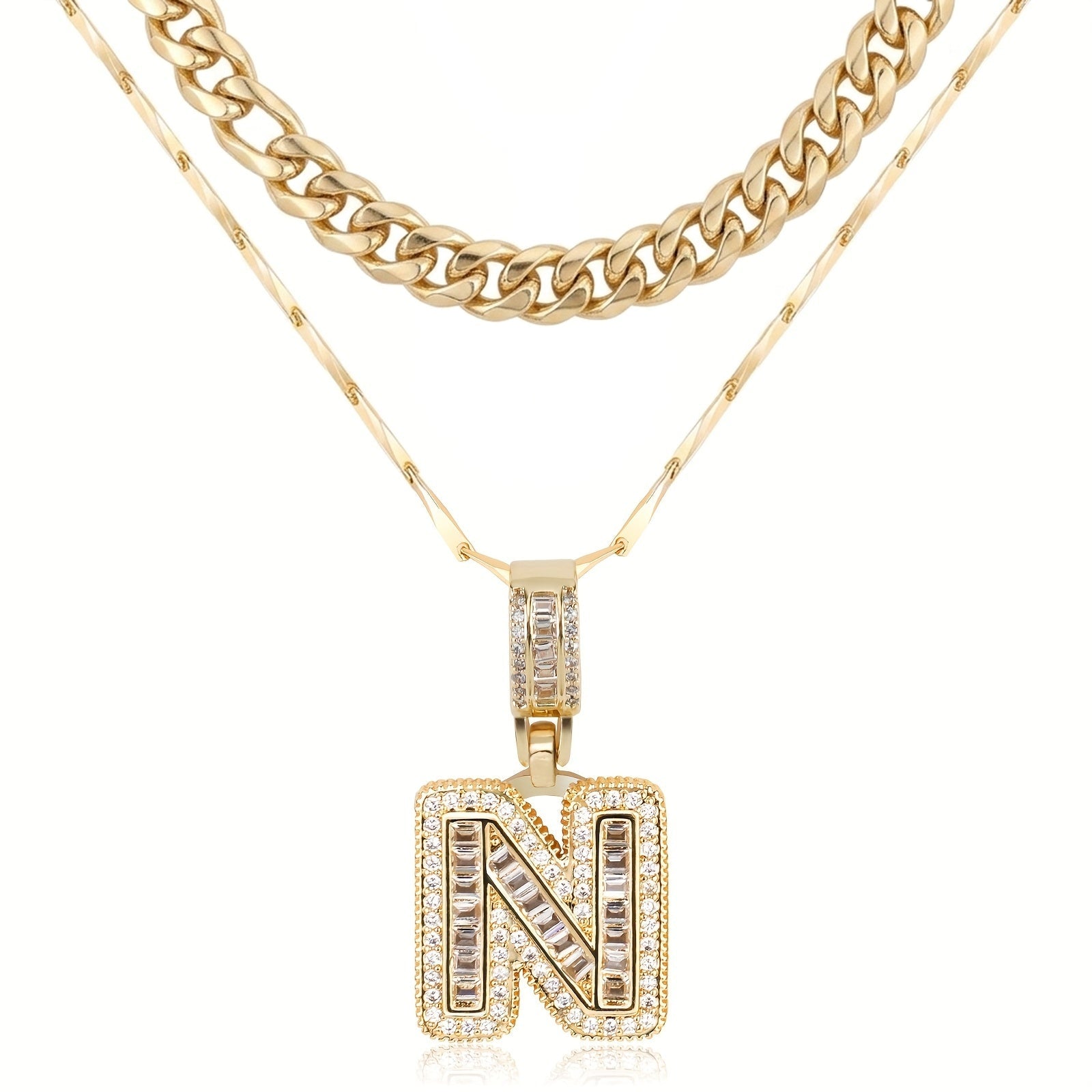 2pc 14k Layered Cuban & Initial Necklaces