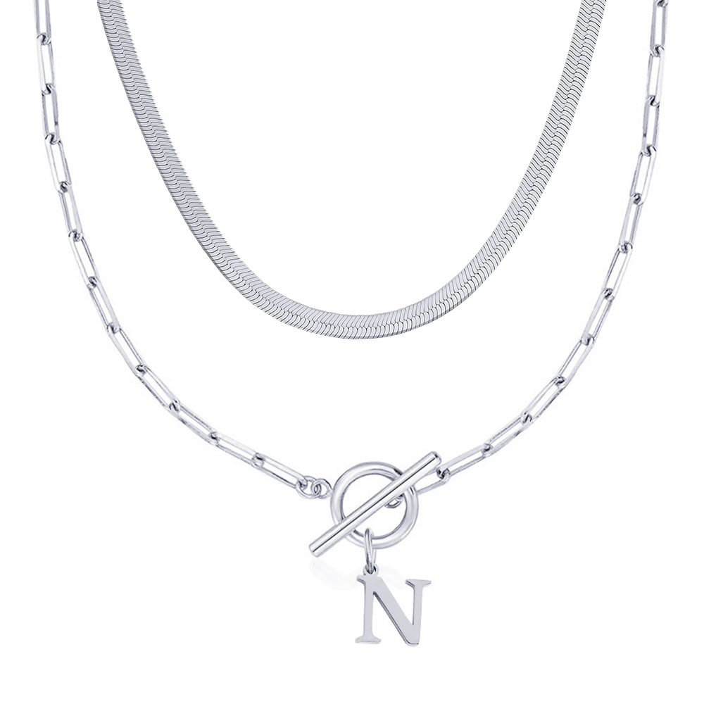 2pc Paperclip Initial Toggle Clasp & Herringbone Necklace Set