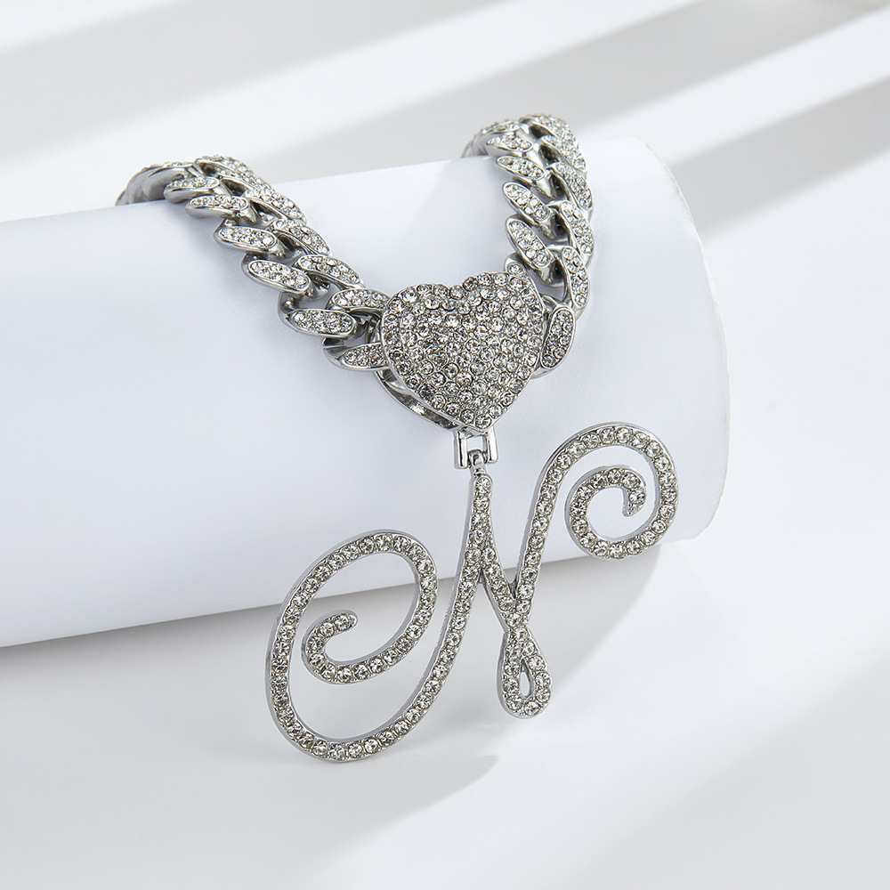 Cursive Diamond Accented Initial Cuban Heart Necklace