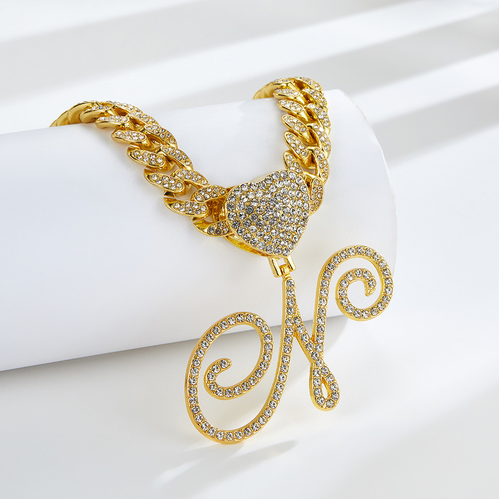 Cursive Diamond Accented Initial Cuban Heart Necklace