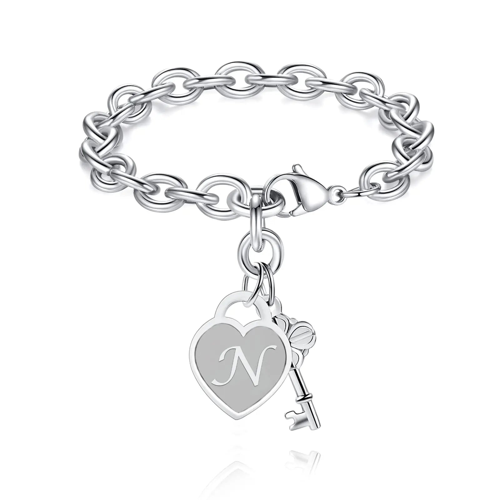 Chunky Clip Heart & Key Letter Initial Bracelet