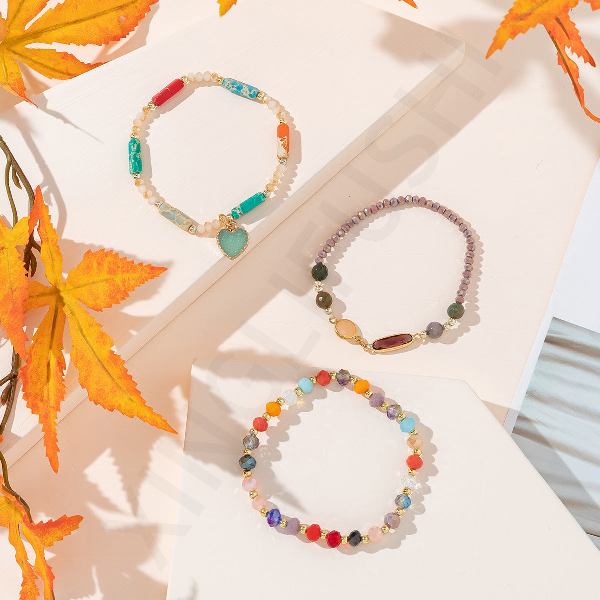 3pc Boho Heart Charm Beaded Bracelet Stack