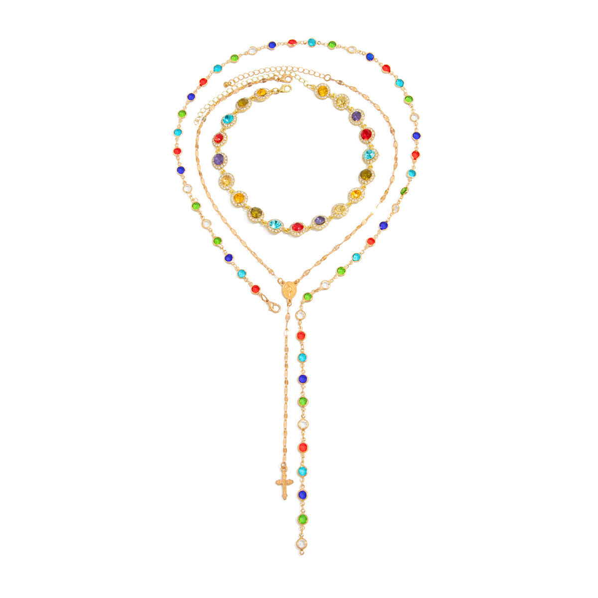 3pc Colorful Choker & Cross Lariats Necklace Set