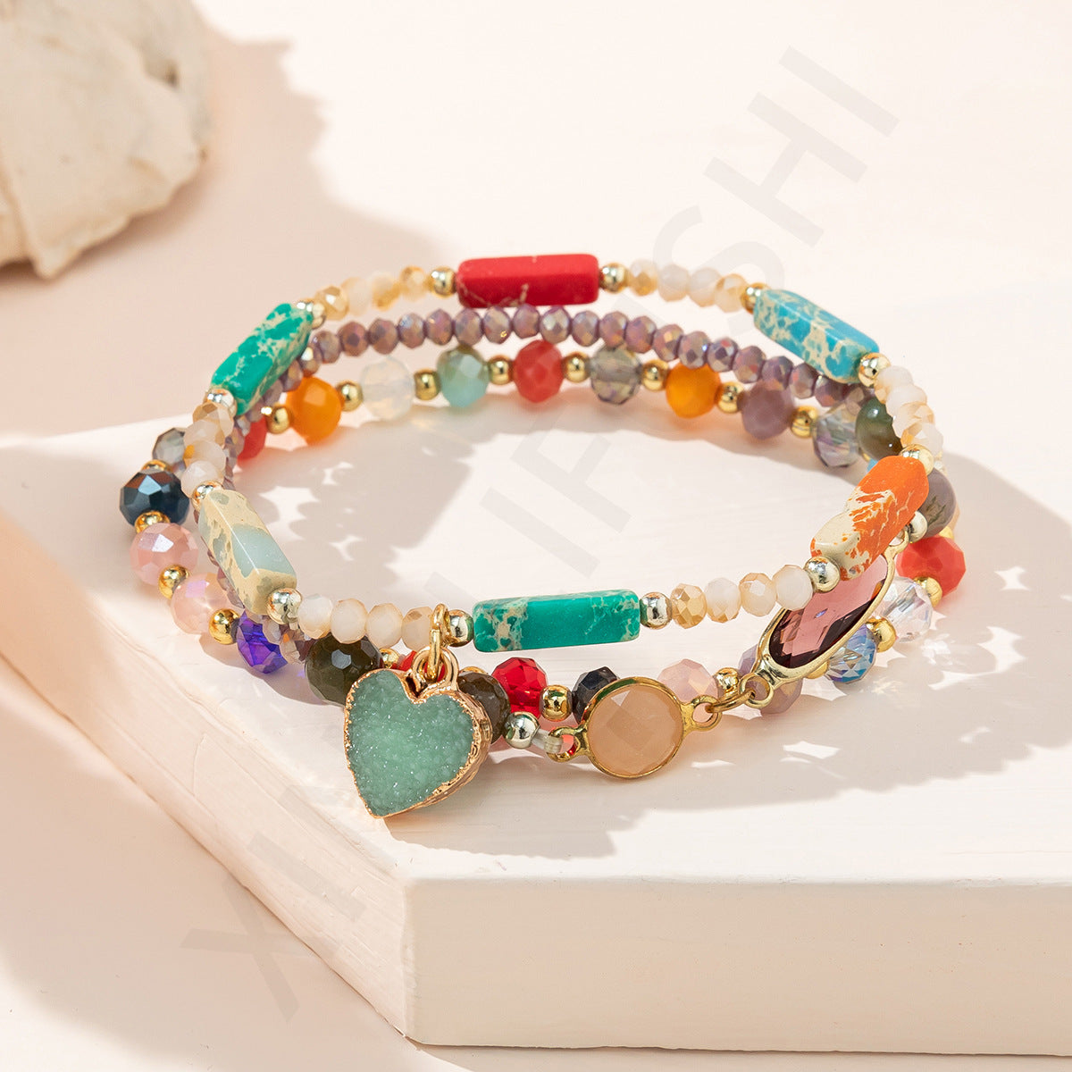 3pc Boho Heart Charm Beaded Bracelet Stack