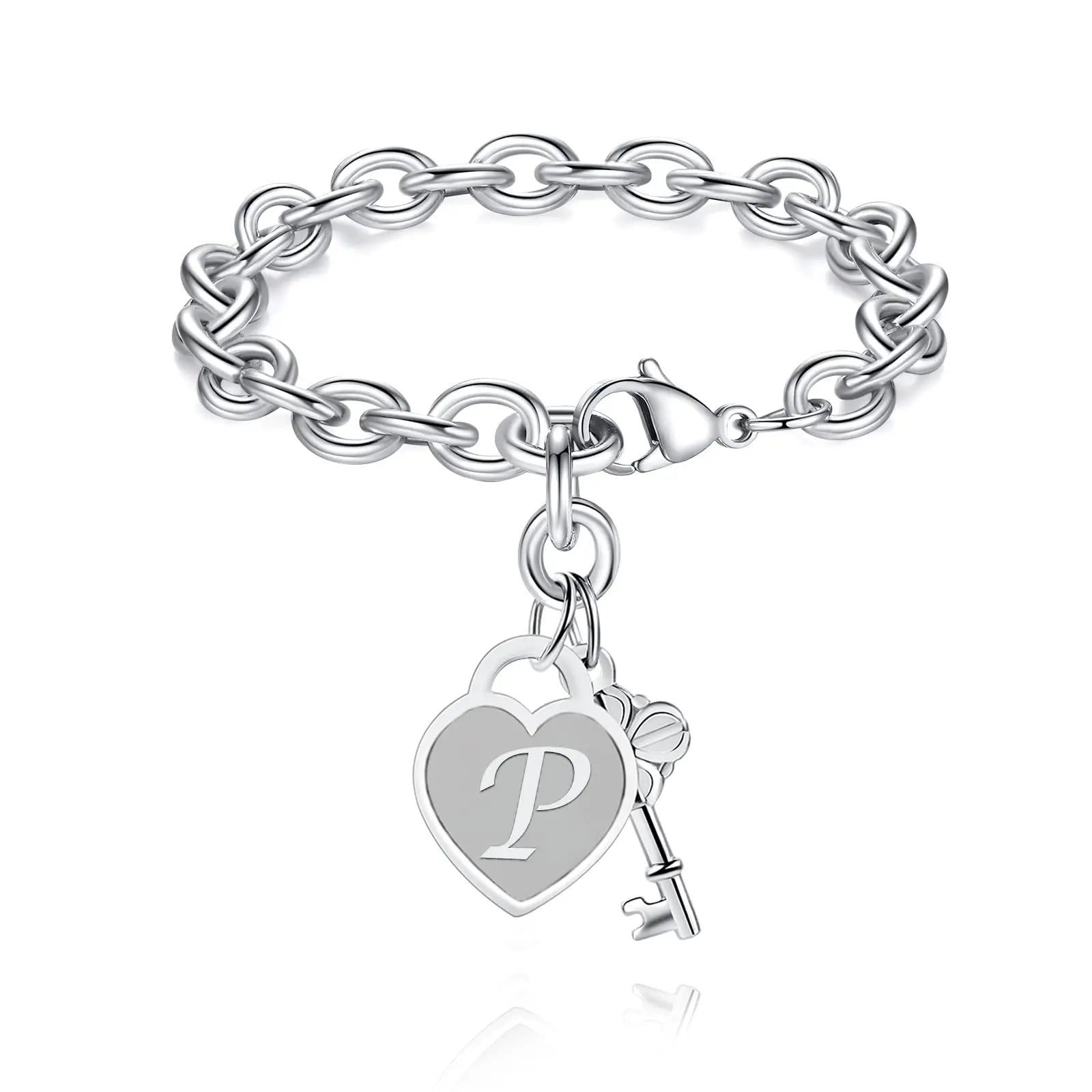 Chunky Clip Heart & Key Letter Initial Bracelet
