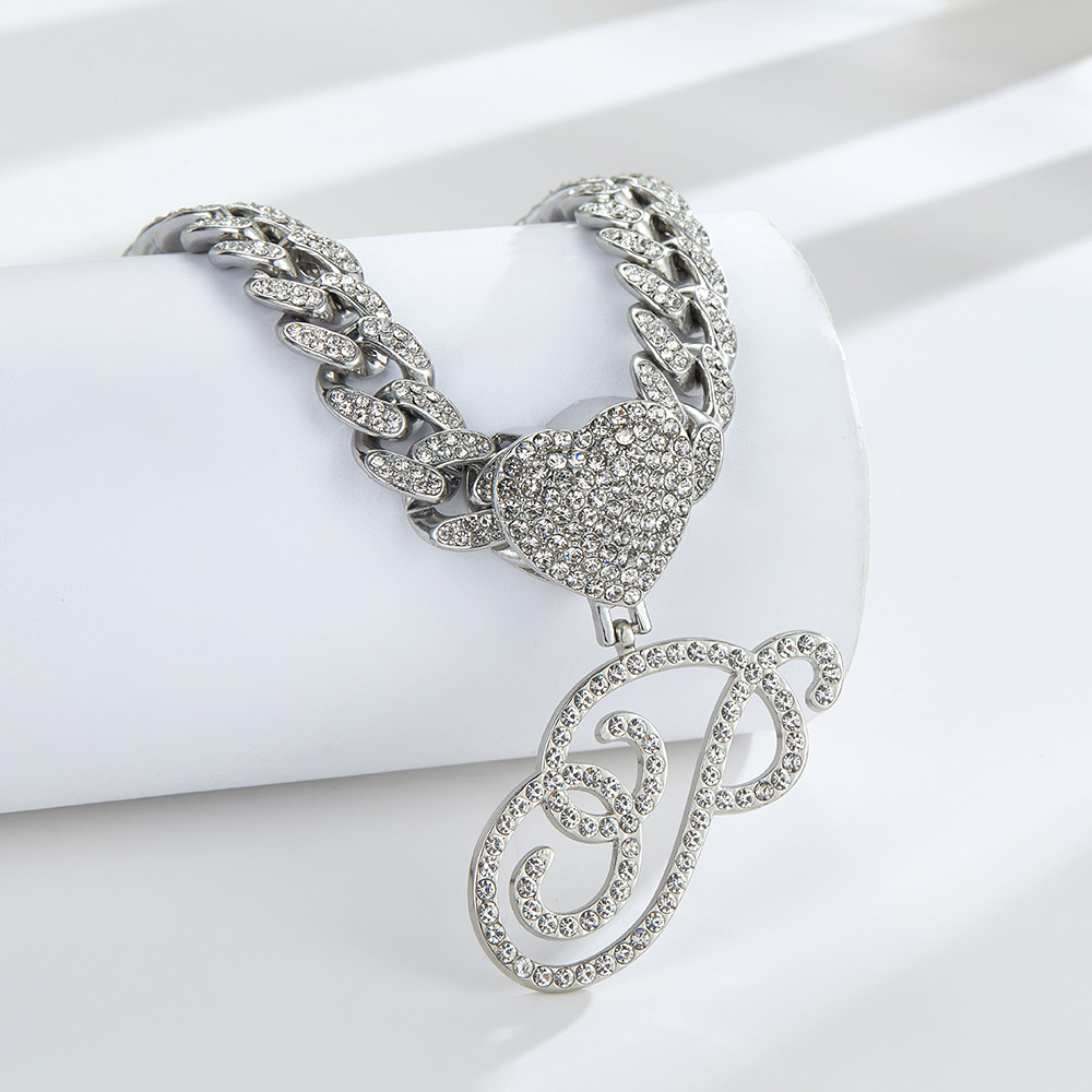 Cursive Diamond Accented Initial Cuban Heart Necklace
