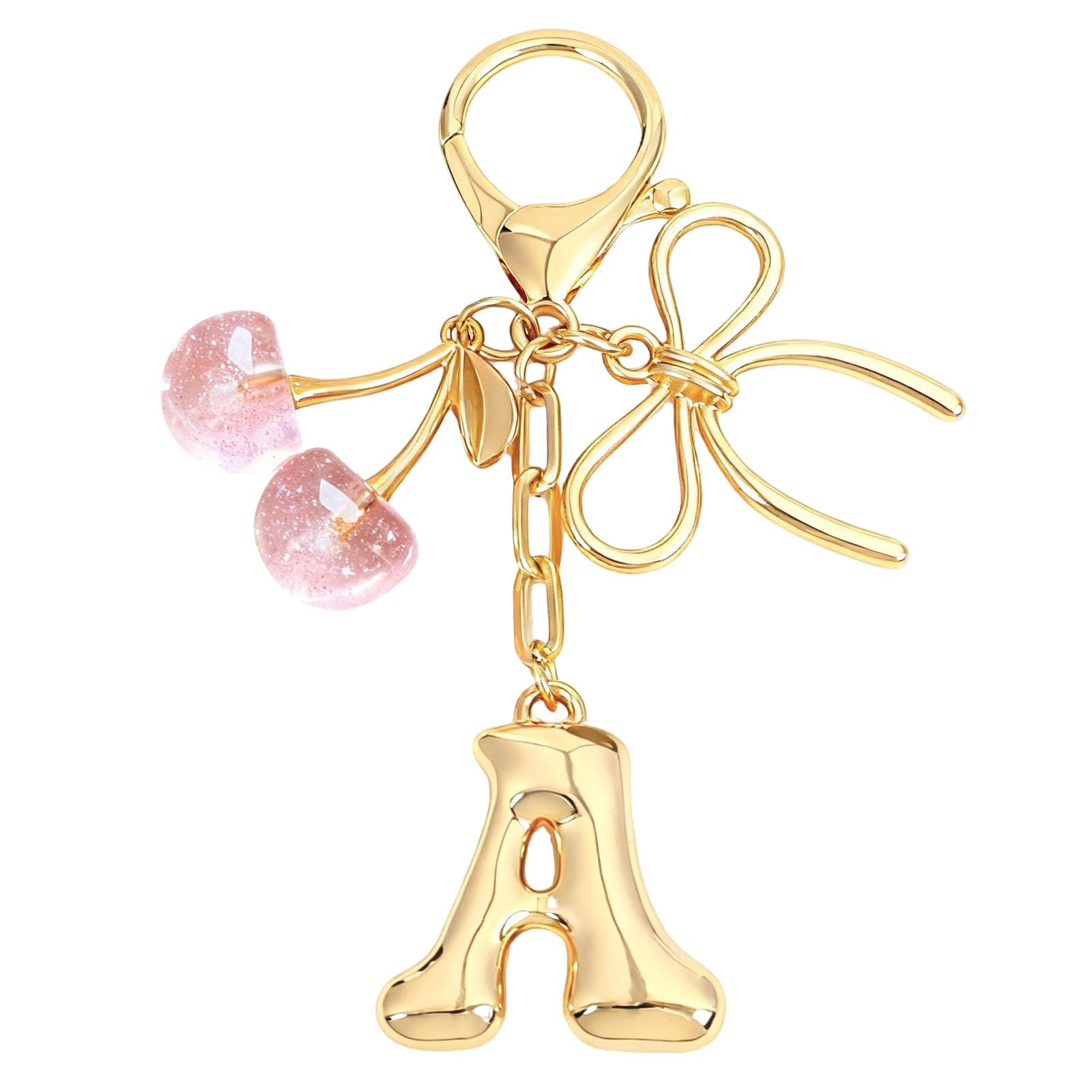 Bubble Initial With Bow & Cherry Charms Keychain