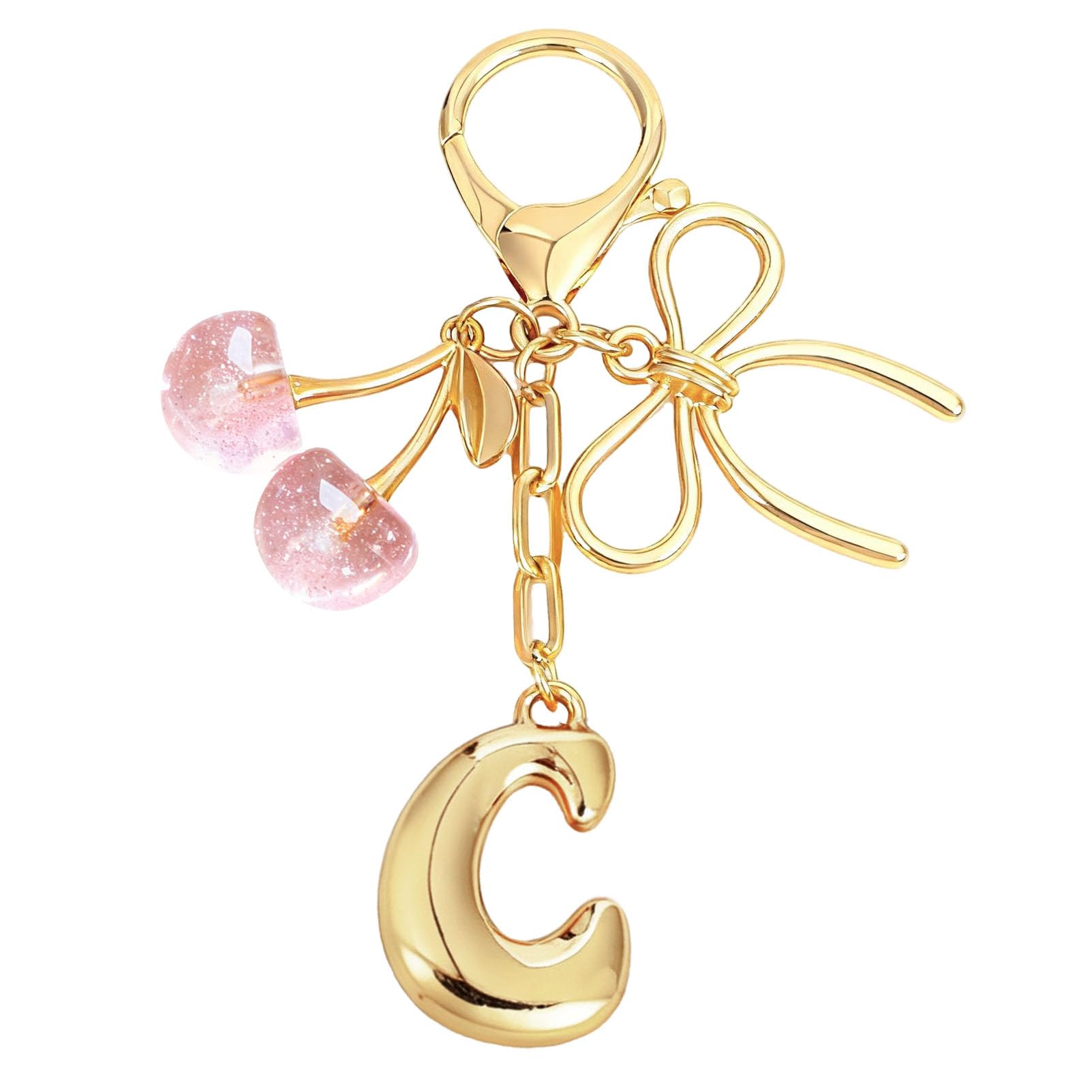 Bubble Initial With Bow & Cherry Charms Keychain