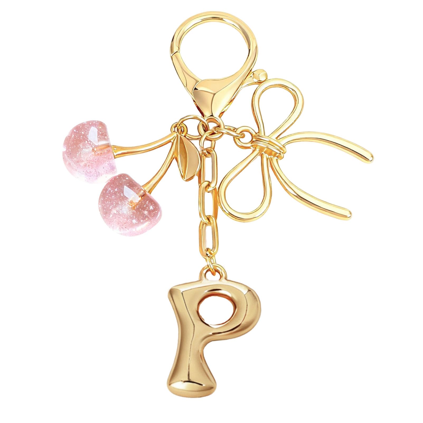 Bubble Initial With Bow & Cherry Charms Keychain
