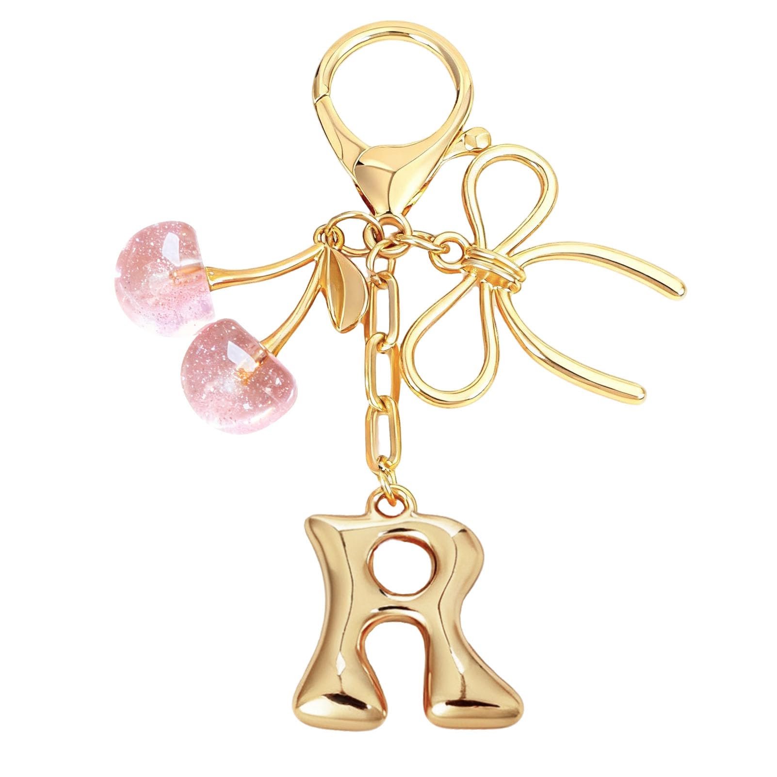 Bubble Initial With Bow & Cherry Charms Keychain