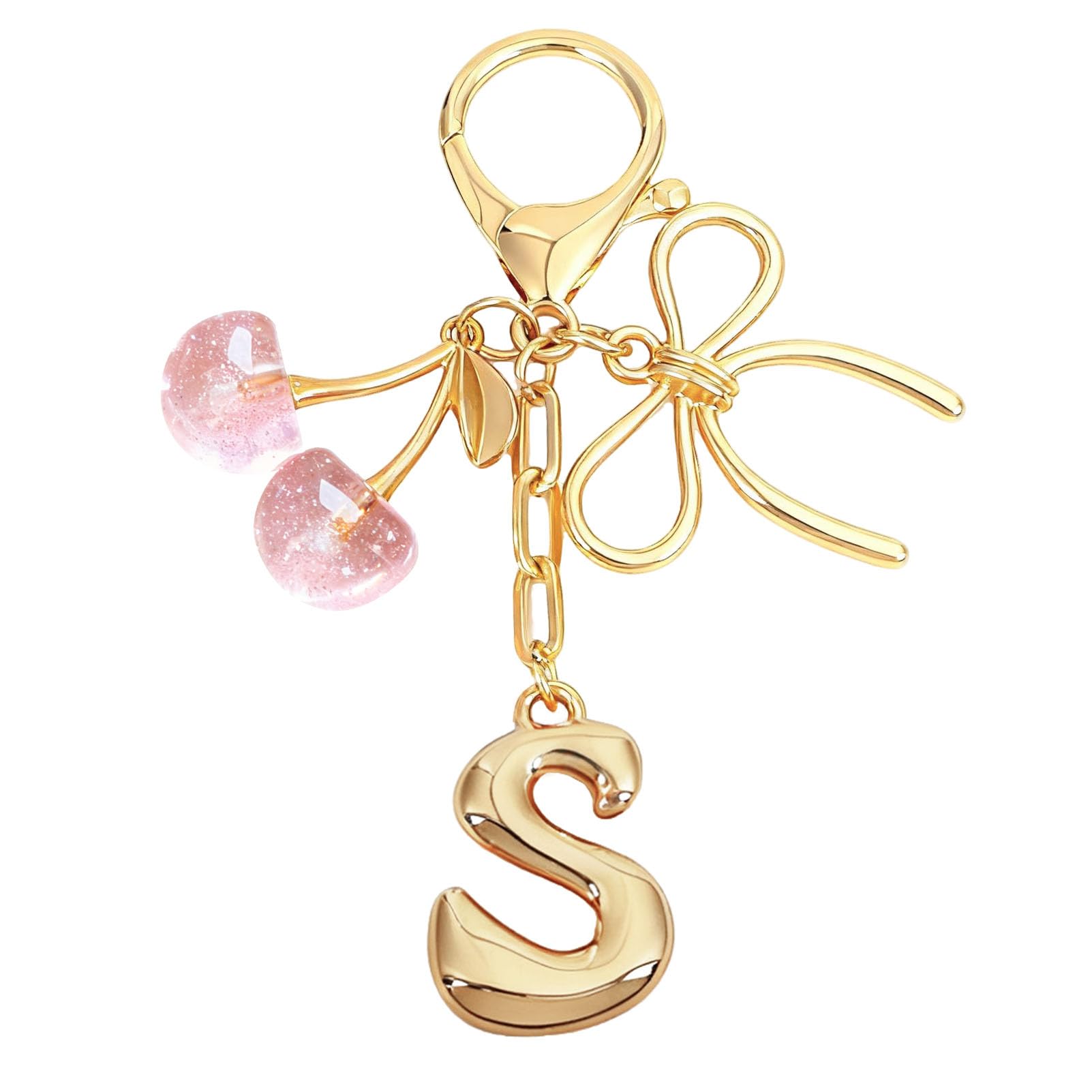 Bubble Initial With Bow & Cherry Charms Keychain