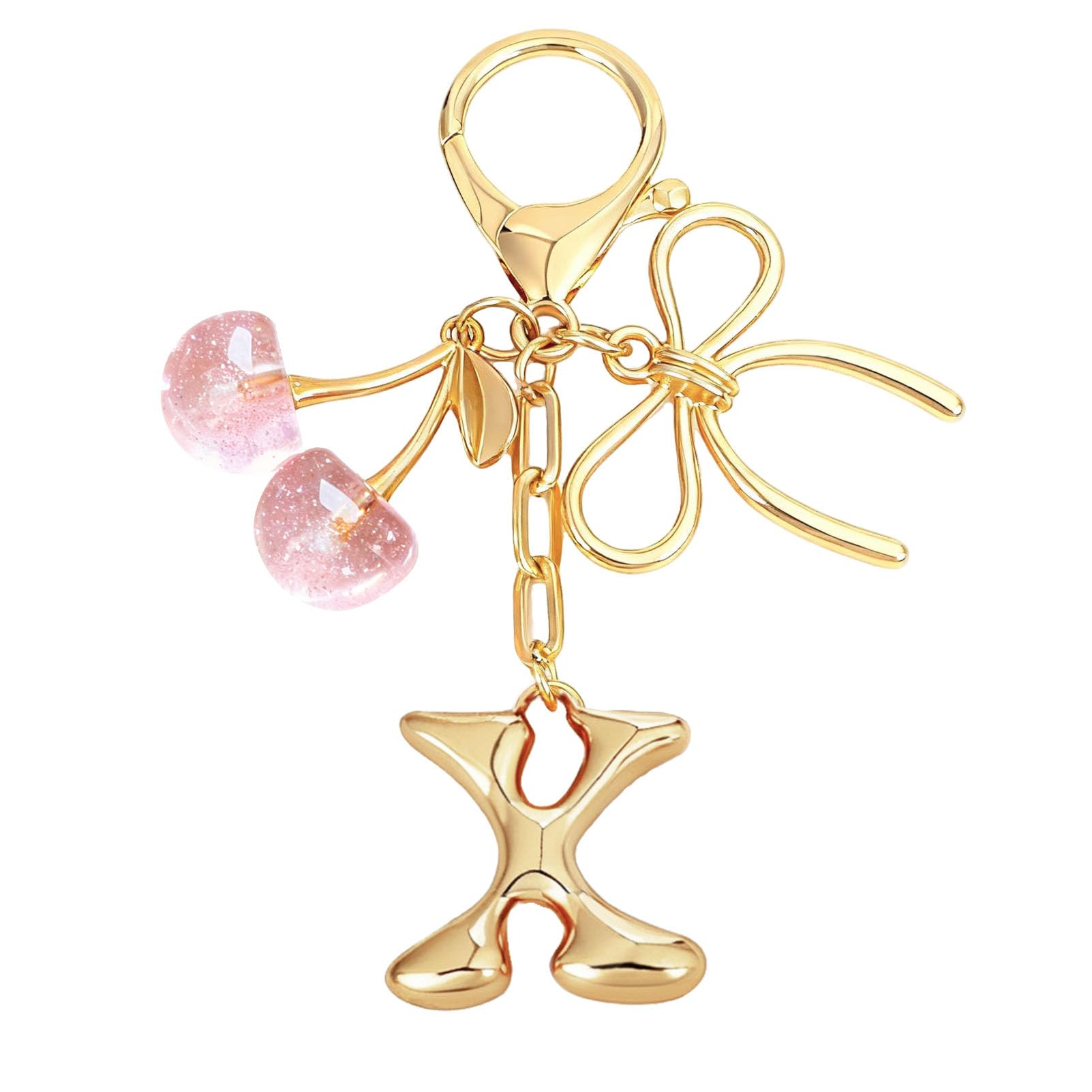 Bubble Initial With Bow & Cherry Charms Keychain
