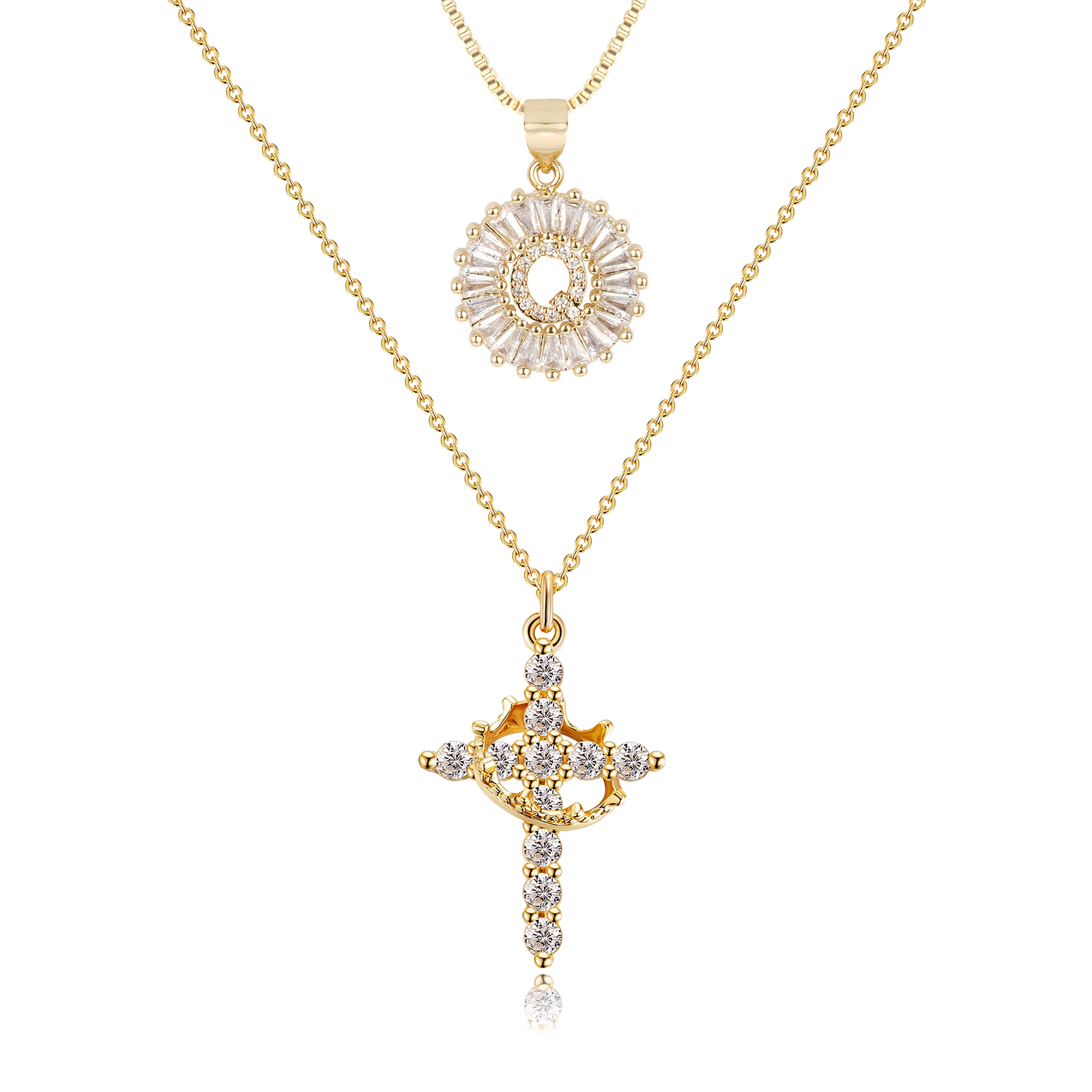 2pc 14k Diamond Cross Crown & Initial Necklace Set