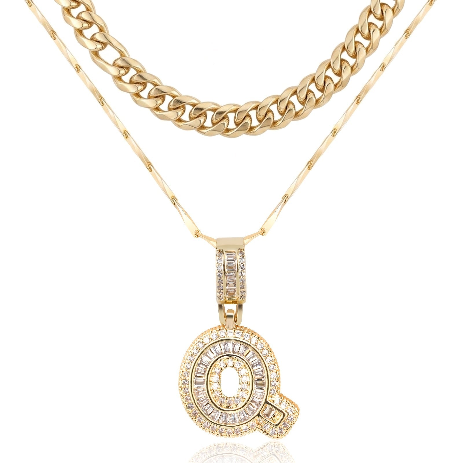 2pc 14k Layered Cuban & Initial Necklaces