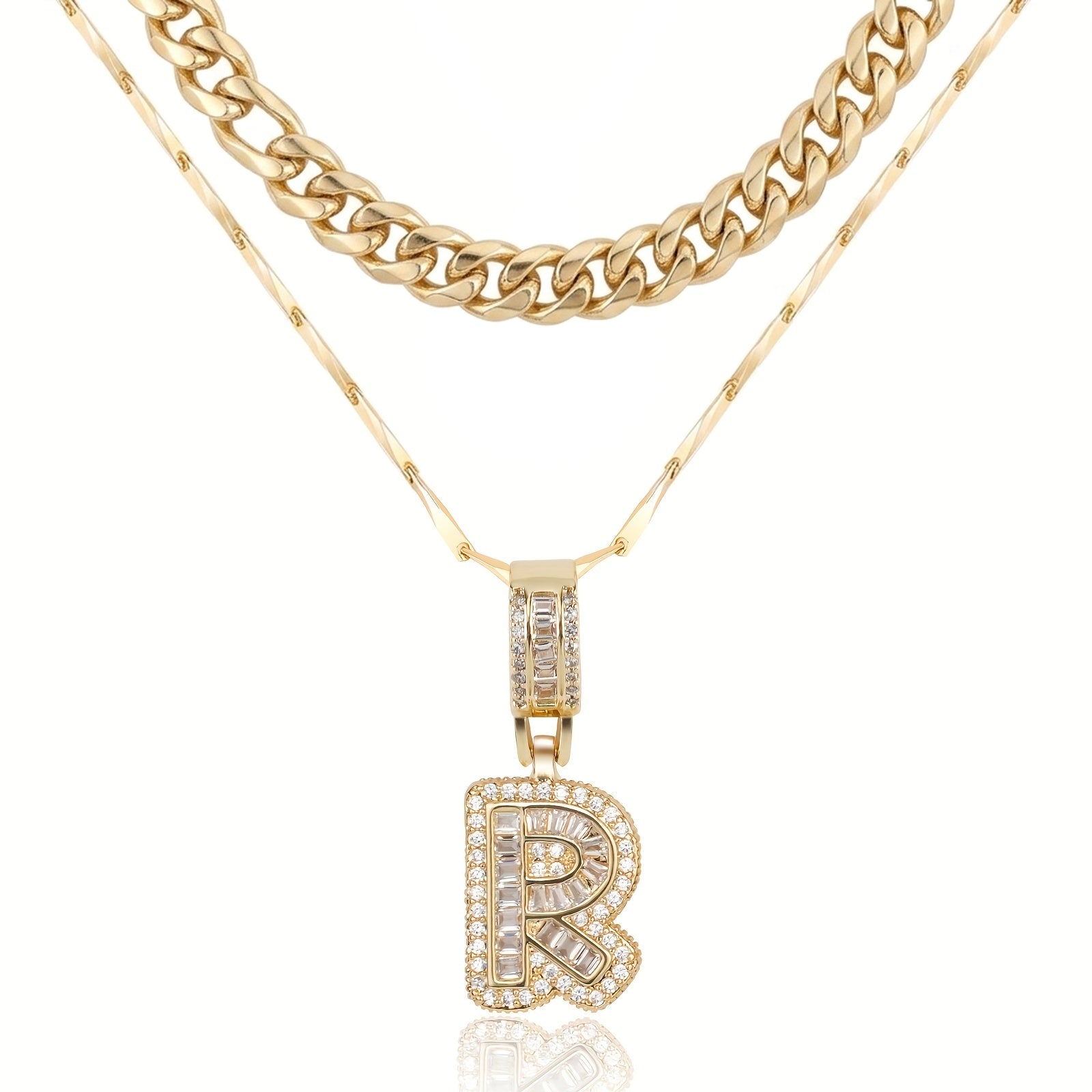 2pc 14k Layered Cuban & Initial Necklaces