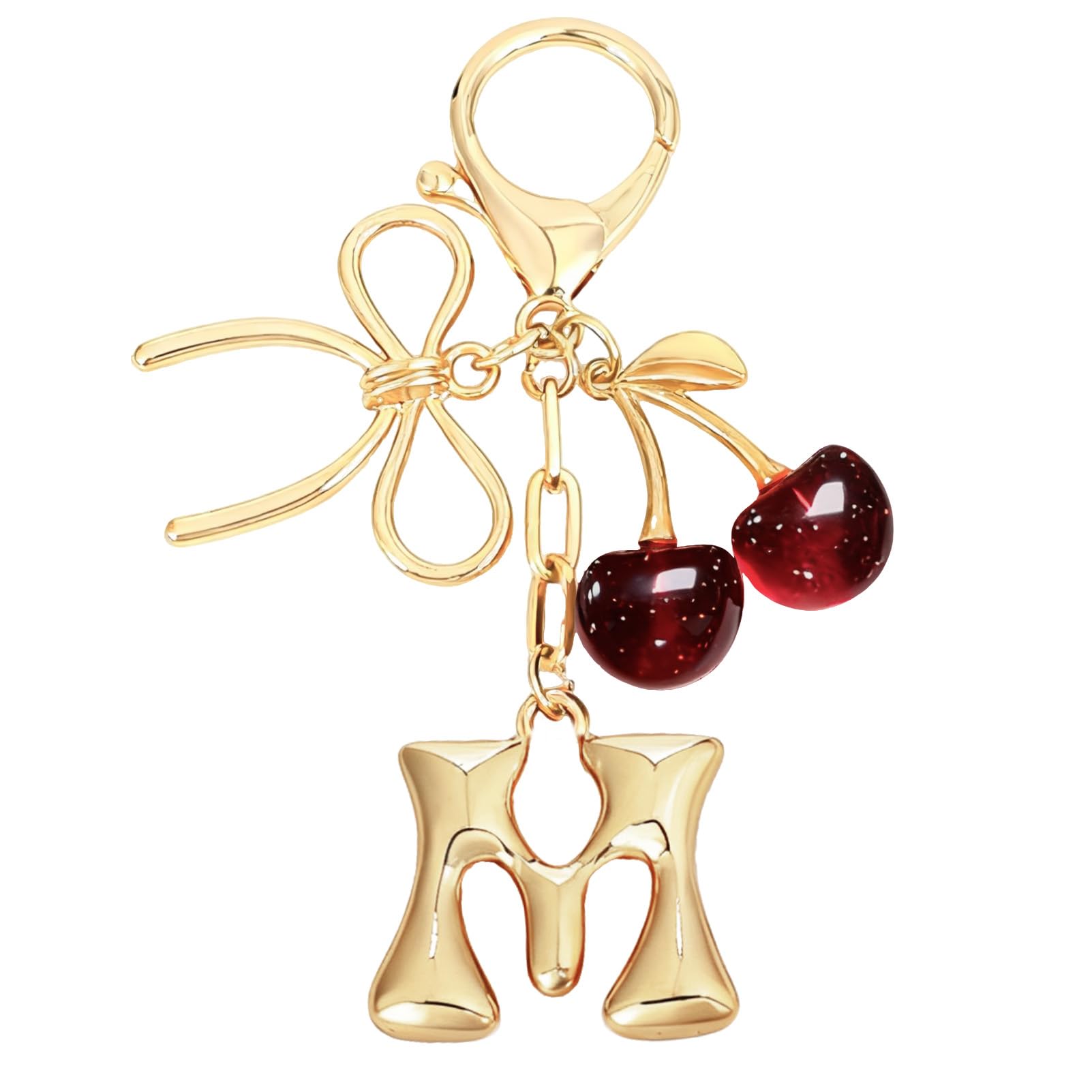 Bubble Initial With Bow & Cherry Charms Keychain