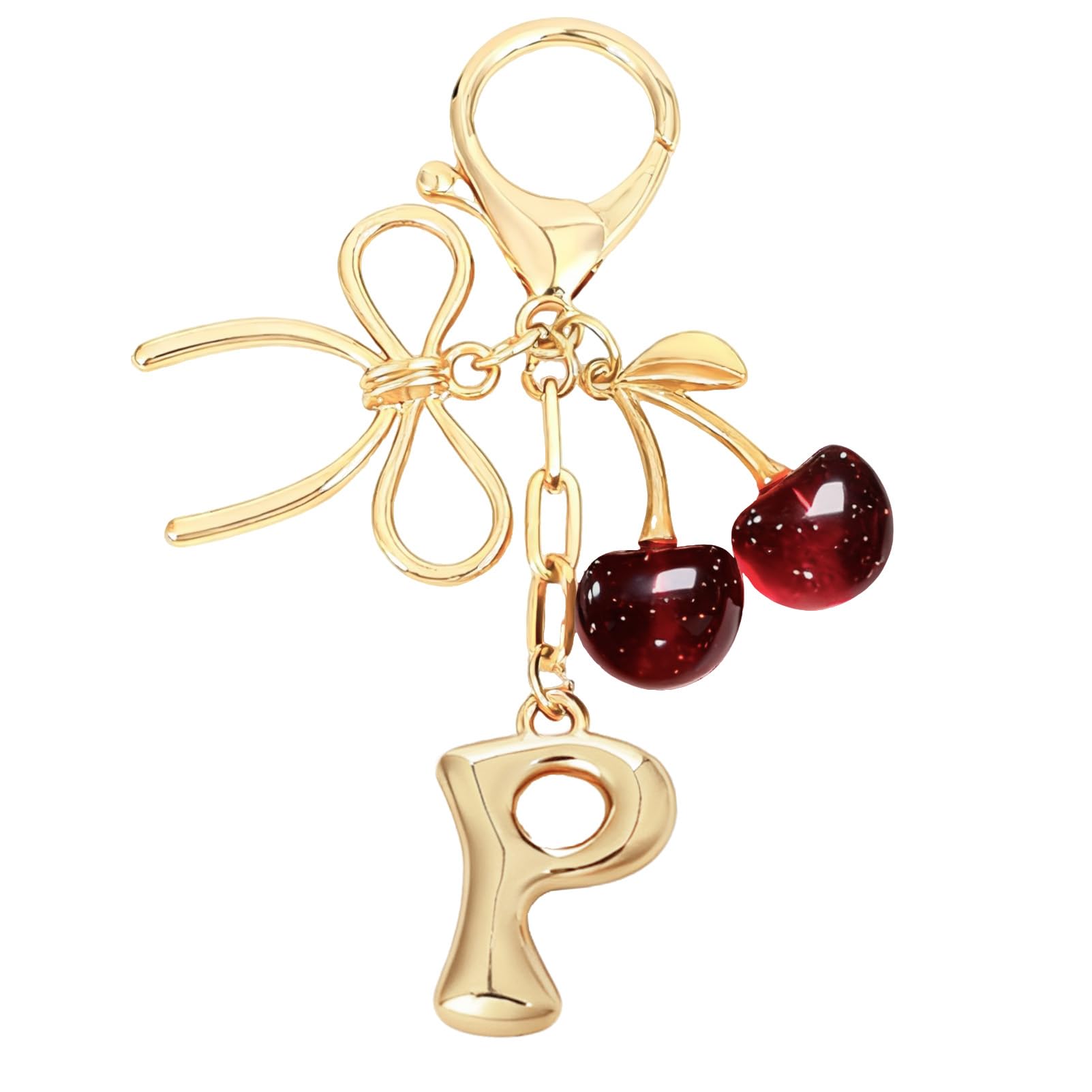 Bubble Initial With Bow & Cherry Charms Keychain