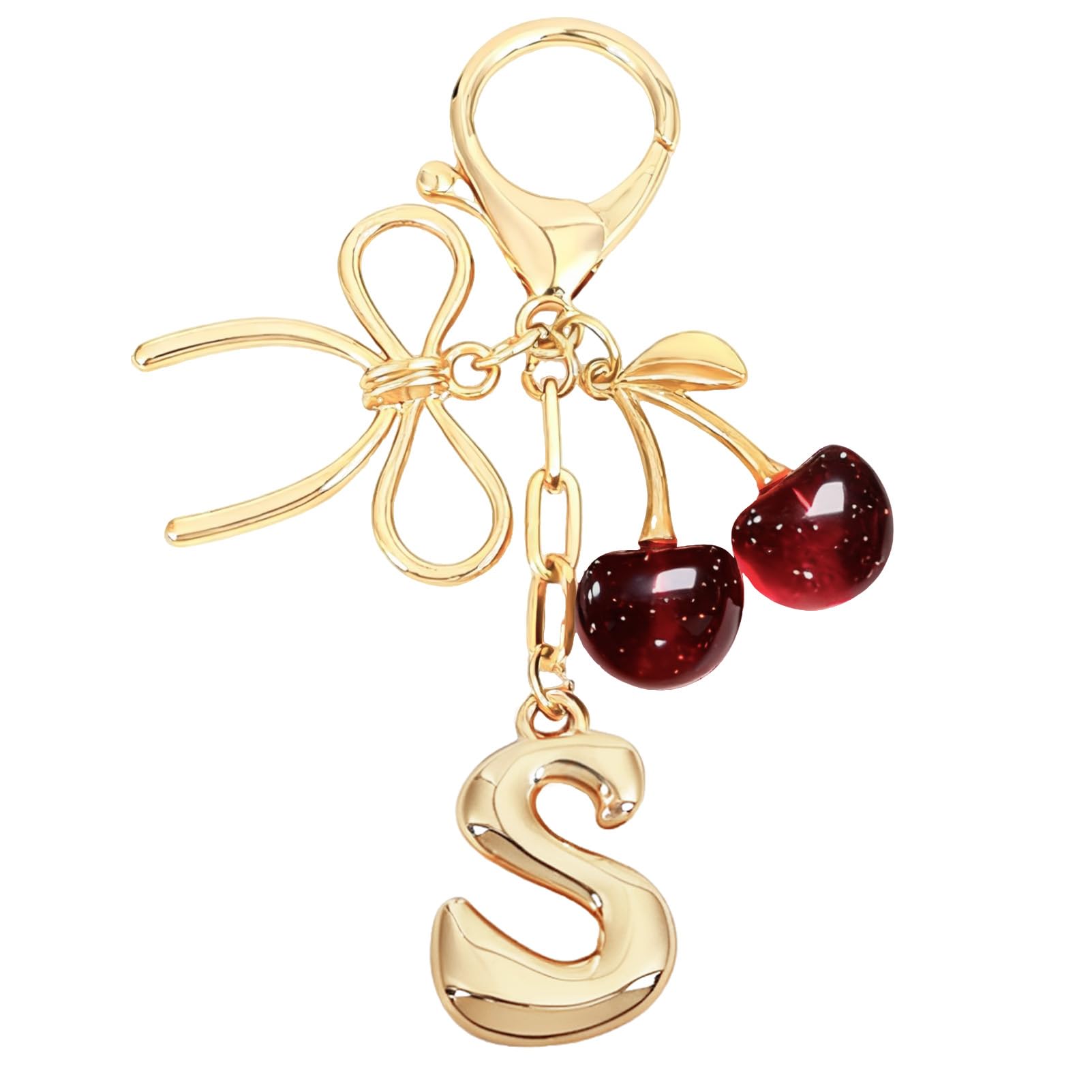 Bubble Initial With Bow & Cherry Charms Keychain