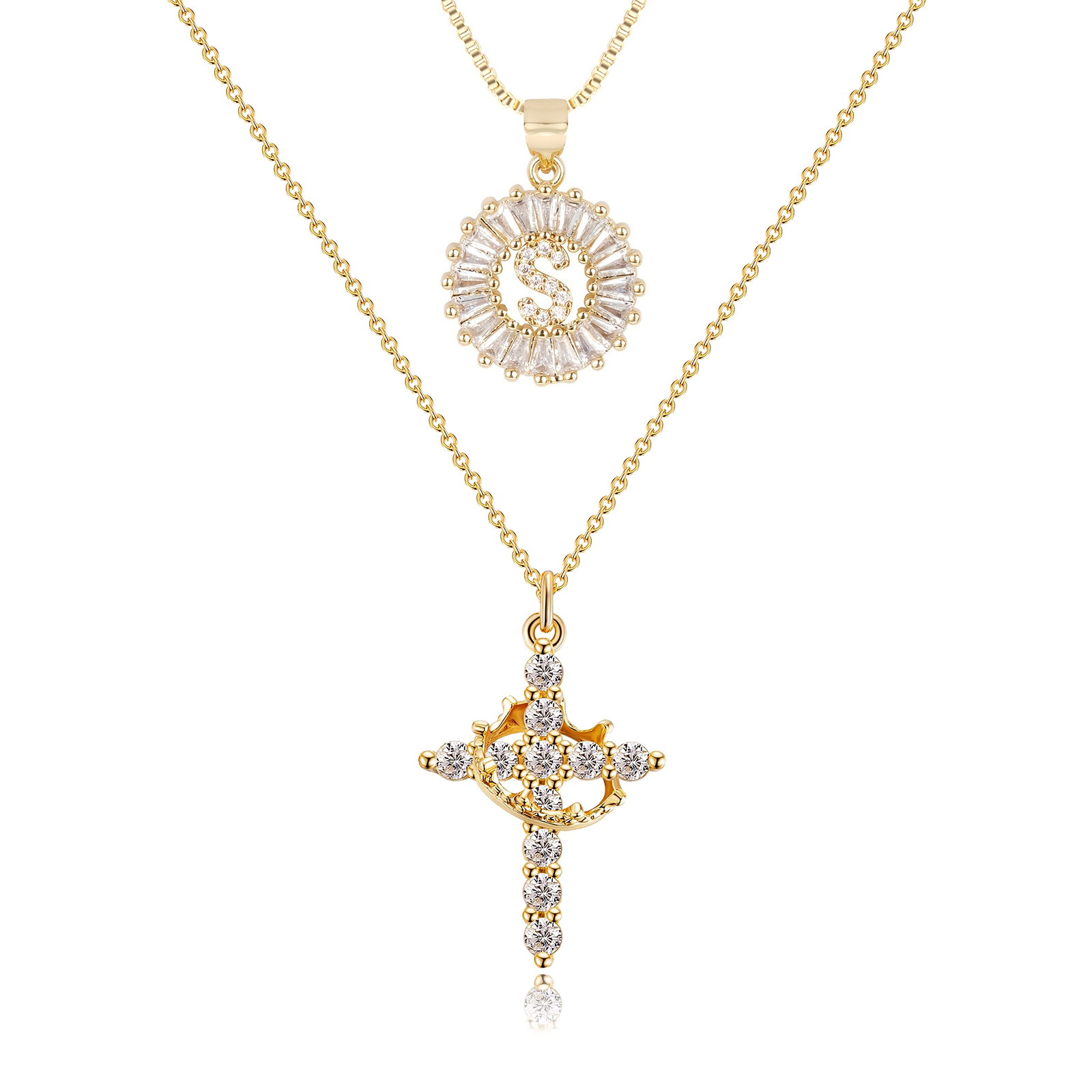 2pc 14k Diamond Cross Crown & Initial Necklace Set