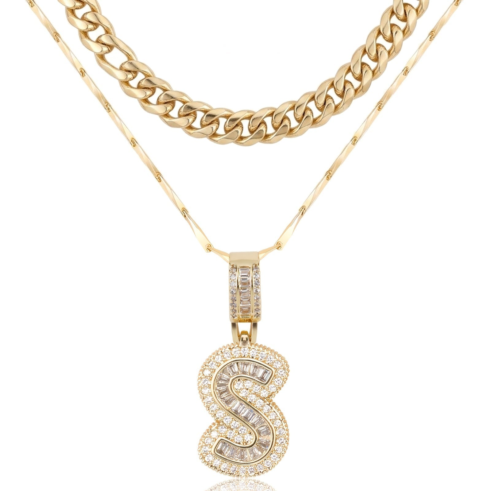 2pc 14k Layered Cuban & Initial Necklaces