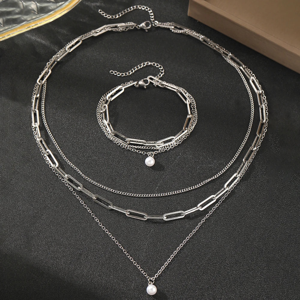 Paperclip & Curb Chain Dainty Pearl Bracelet and Necklace Stack Set
