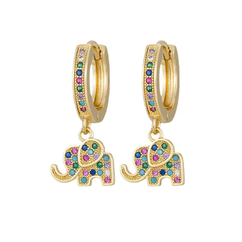 Dainty Colorful Diamond Elephant Outline Earrings