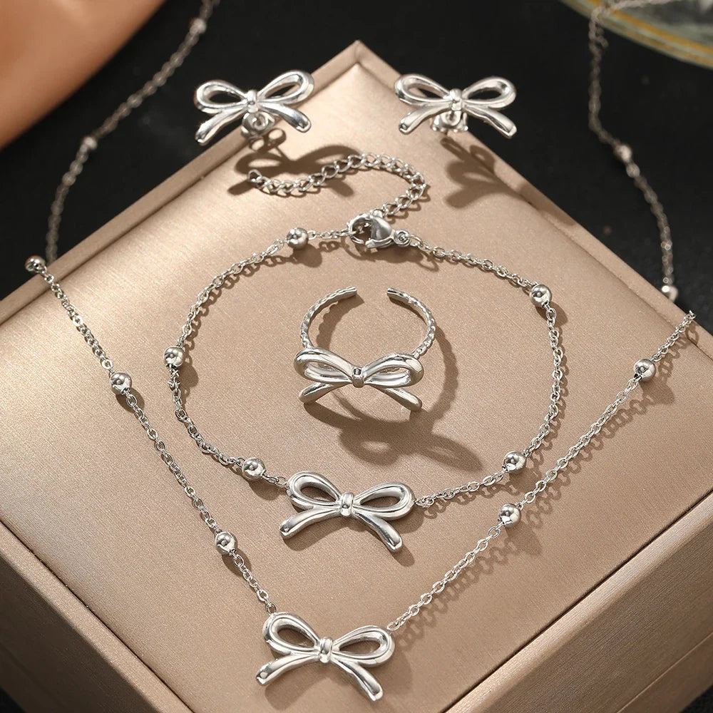 Feminine Bow Satellite Chain Necklace, Bracelet, Earrings, and Ring Set
