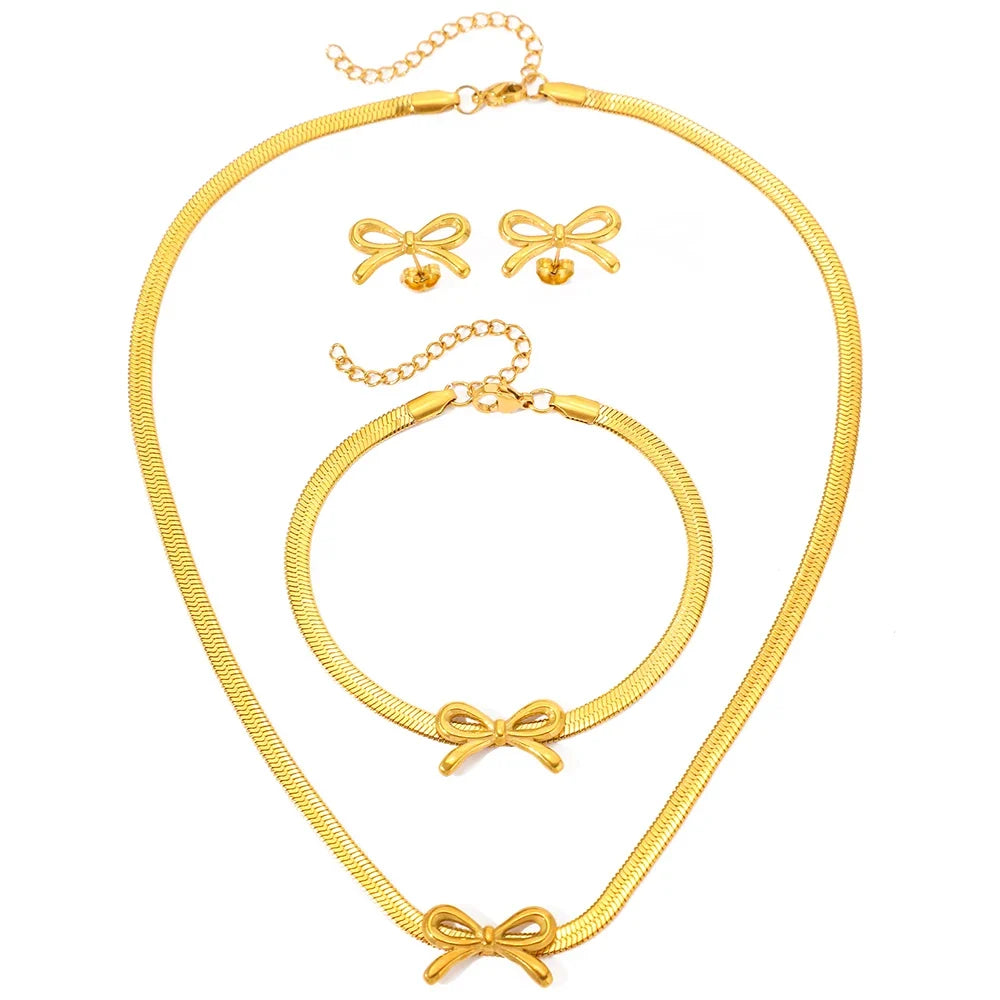 Feminine Bow Herringbone Chain Necklace, Bracelet, and Earring Set