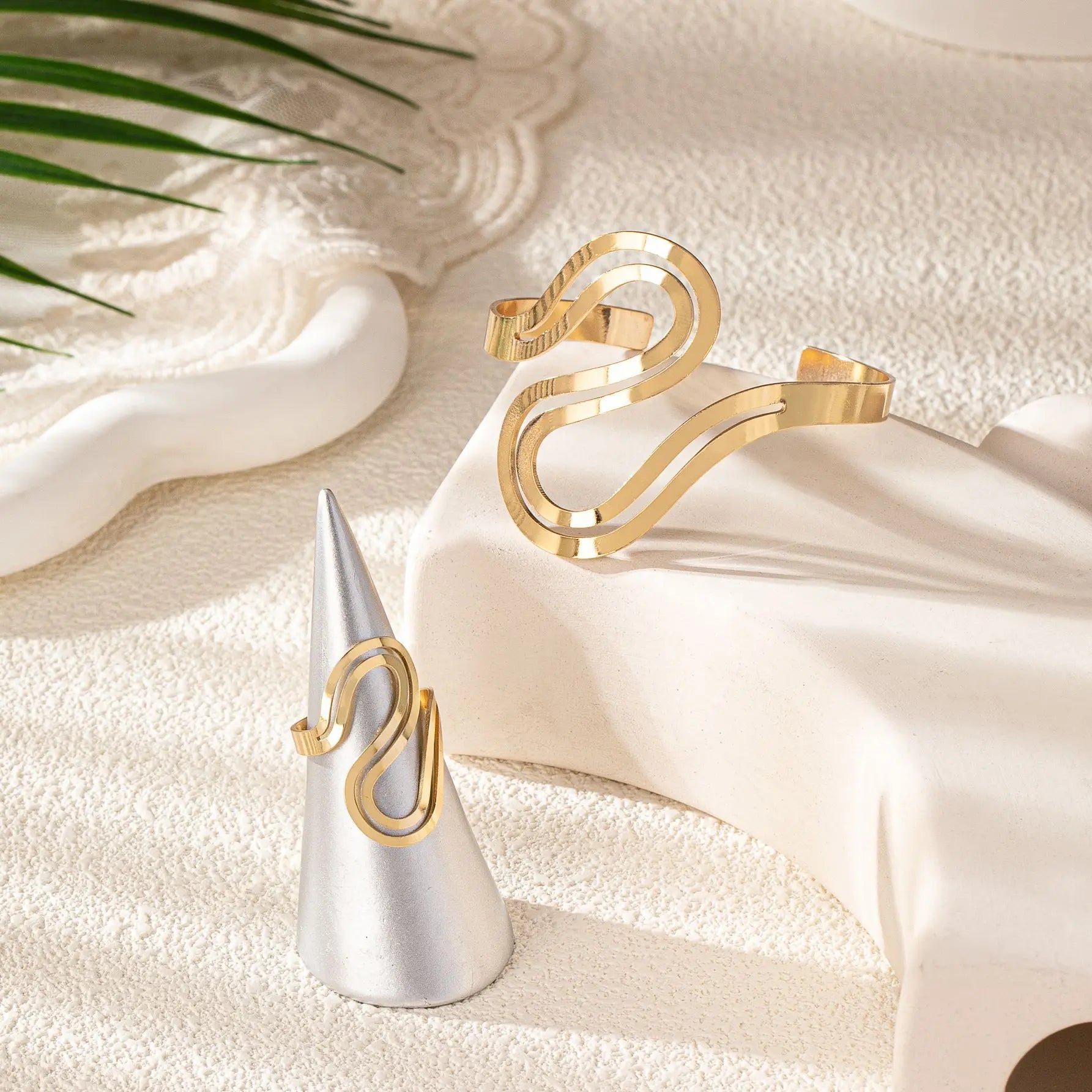 Adjustable Modern Swirl Bracelet and Ring Set