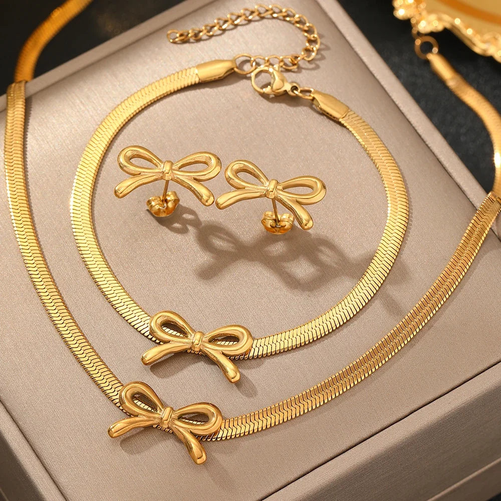 Feminine Bow Herringbone Chain Necklace, Bracelet, and Earring Set