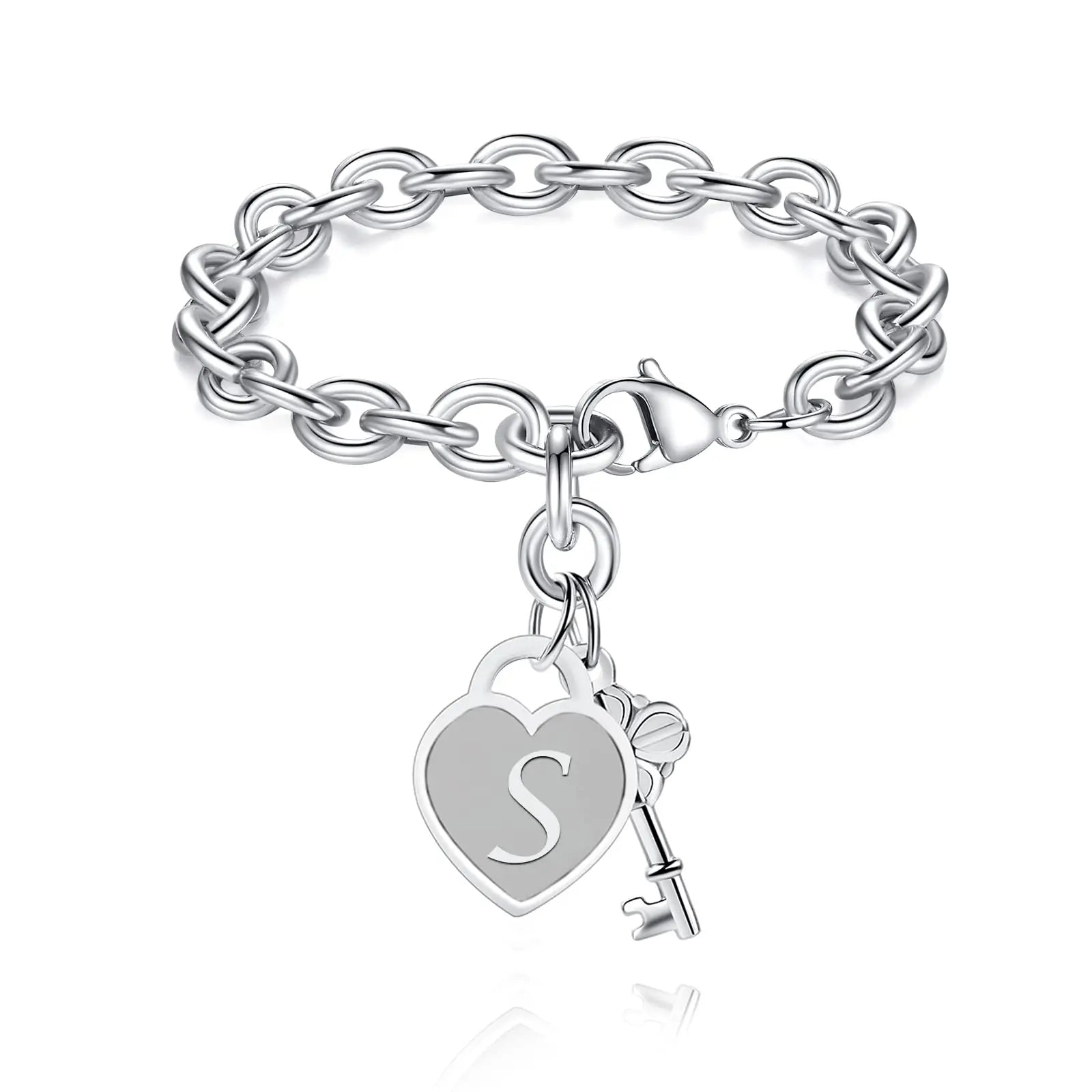 Chunky Clip Heart & Key Letter Initial Bracelet