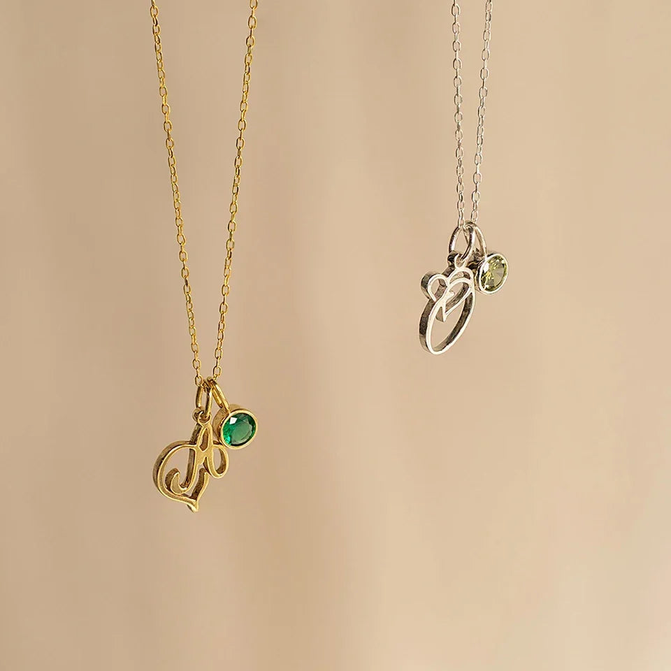 Dainty Cursive Heart Birthstone Letter Initial Necklace