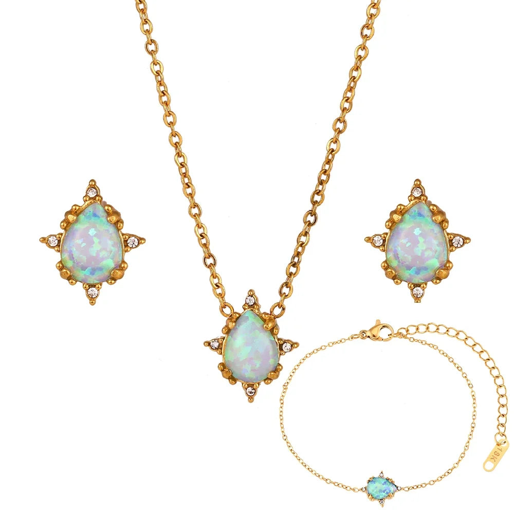 Dainty Iridescent Opal Necklace, Bracelet, Earrings