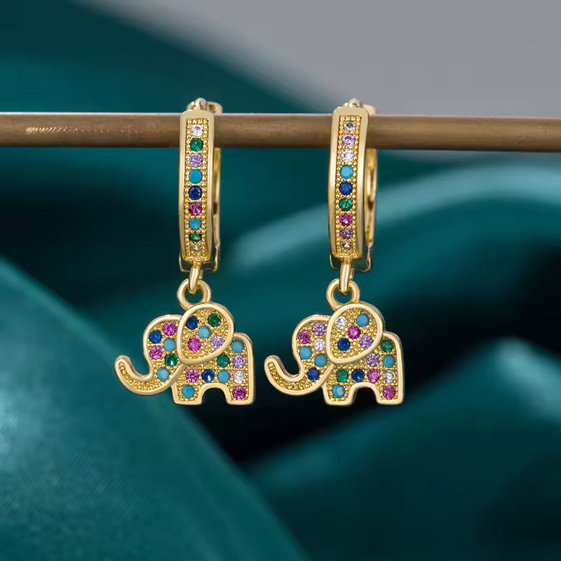 Dainty Colorful Diamond Elephant Outline Earrings