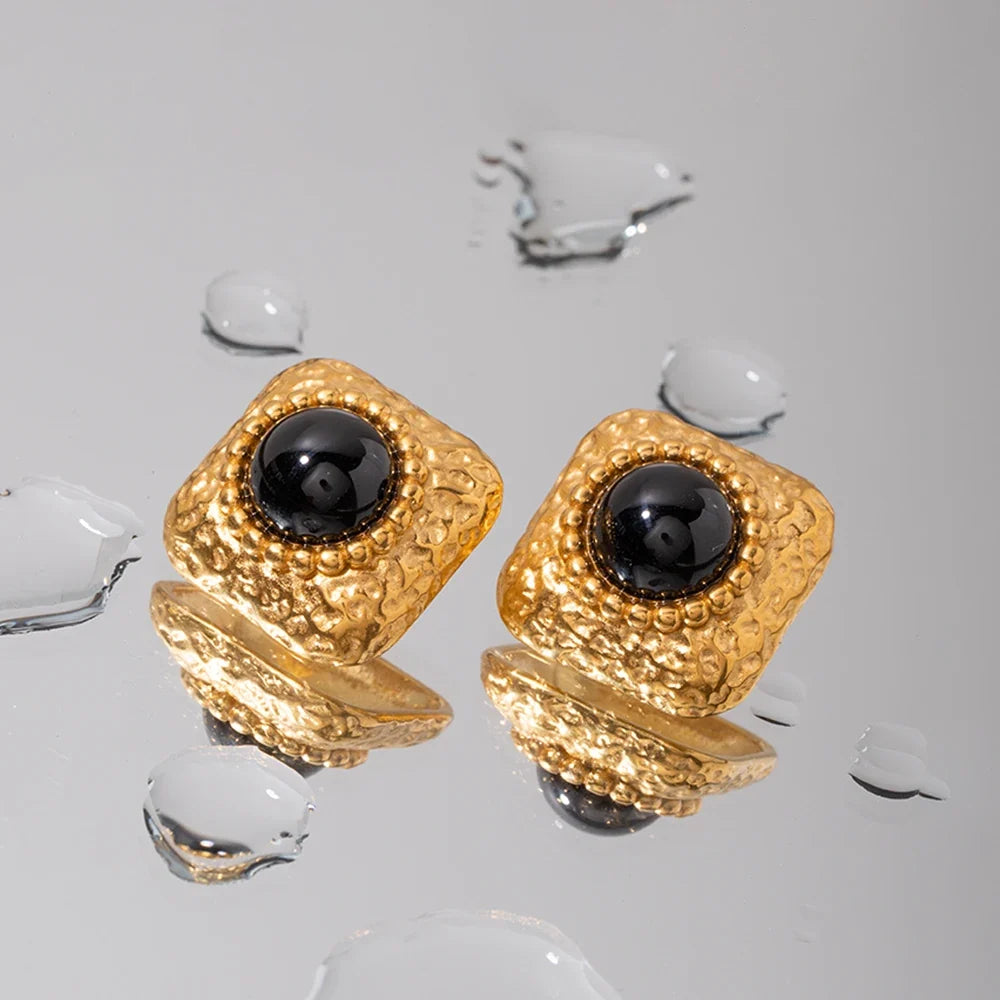 Hammered Square Onyx Earrings