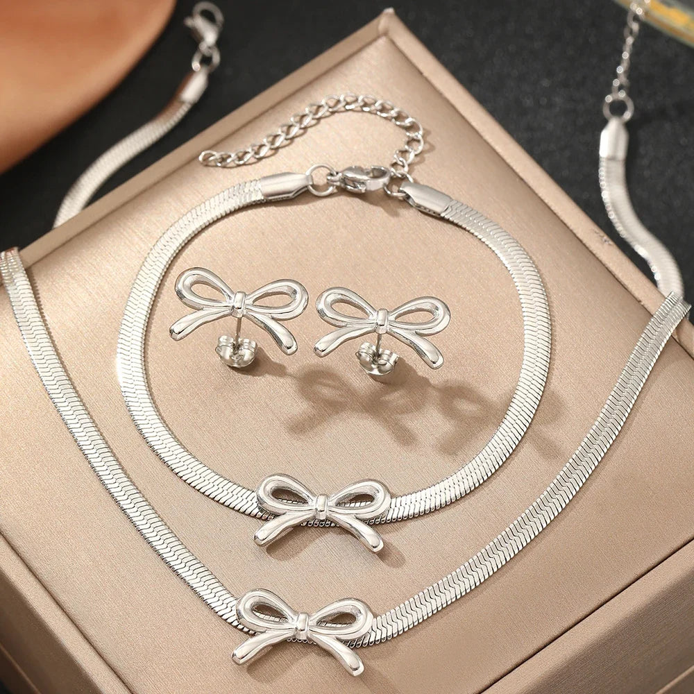 Feminine Bow Herringbone Chain Necklace, Bracelet, and Earring Set