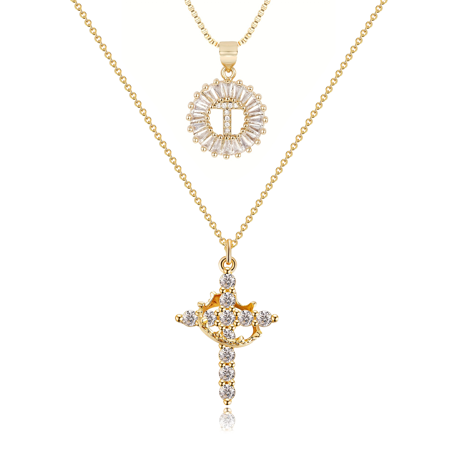 2pc 14k Diamond Cross Crown & Initial Necklace Set