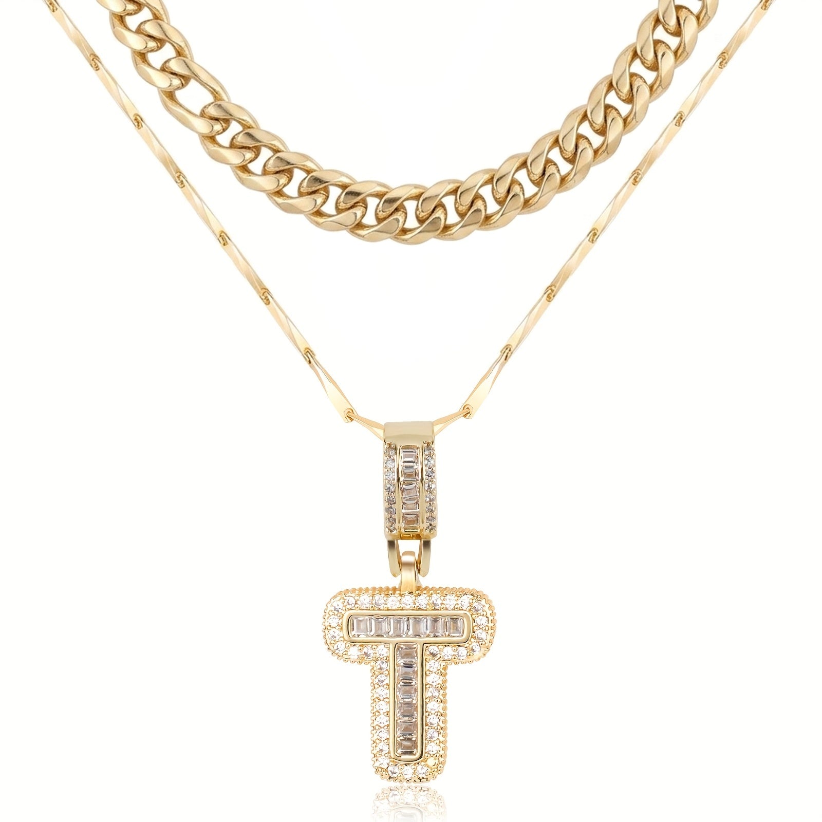 2pc 14k Layered Cuban & Initial Necklaces