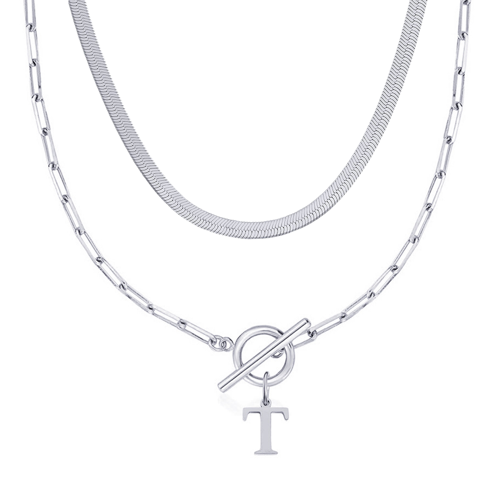 2pc Paperclip Initial Toggle Clasp & Herringbone Necklace Set