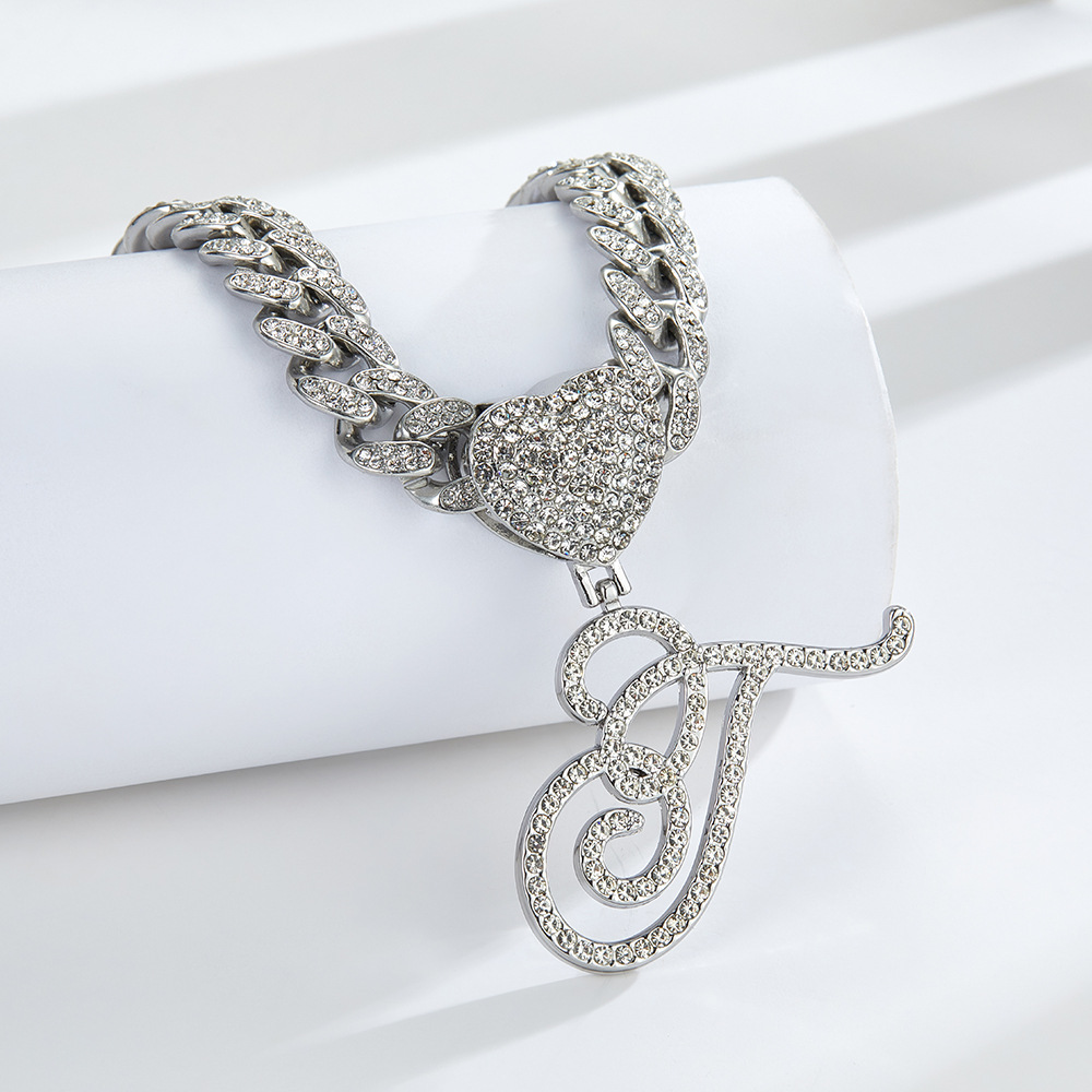 Cursive Diamond Accented Initial Cuban Heart Necklace