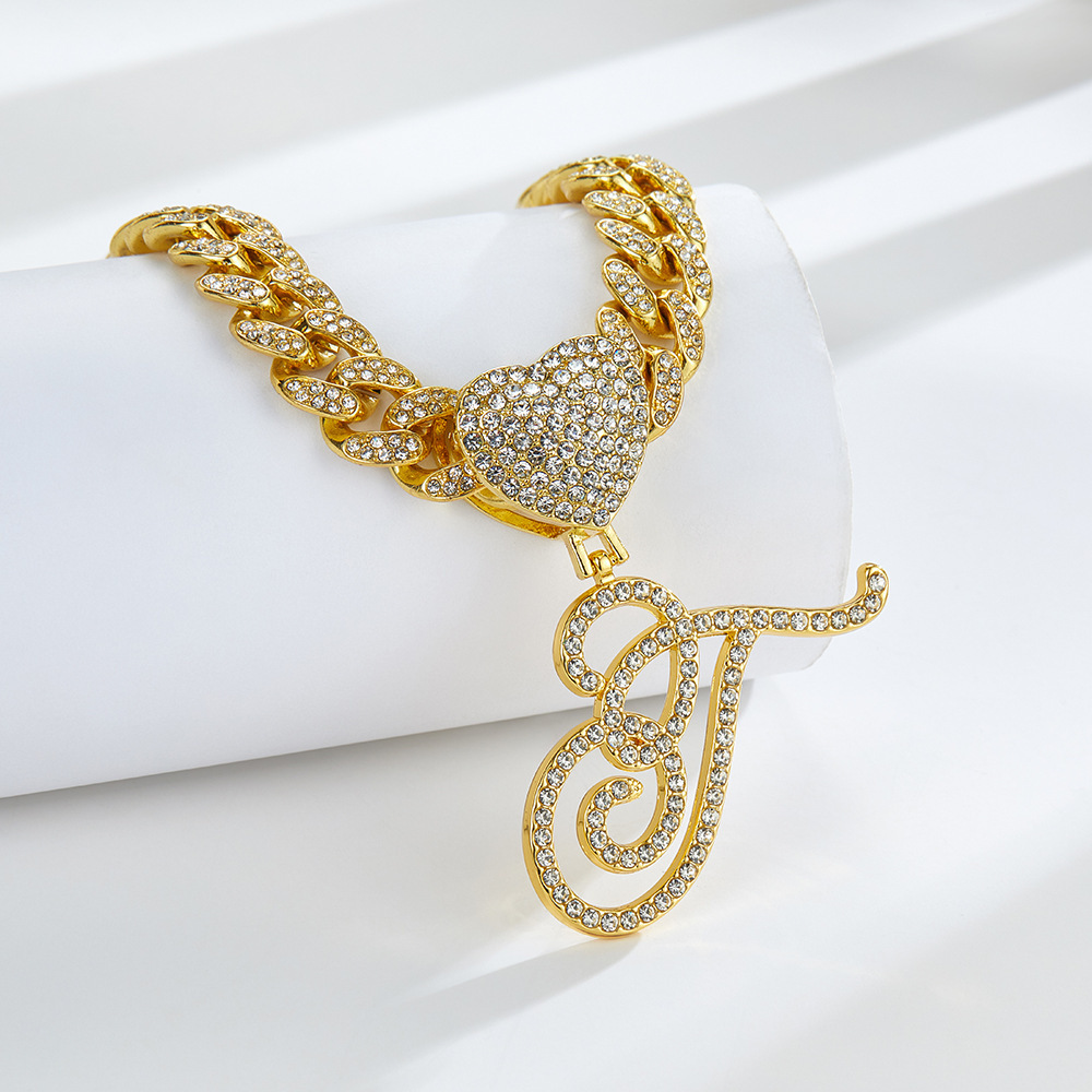 Cursive Diamond Accented Initial Cuban Heart Necklace