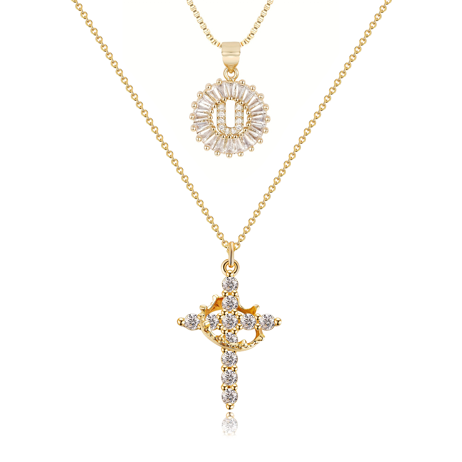 2pc 14k Diamond Cross Crown & Initial Necklace Set