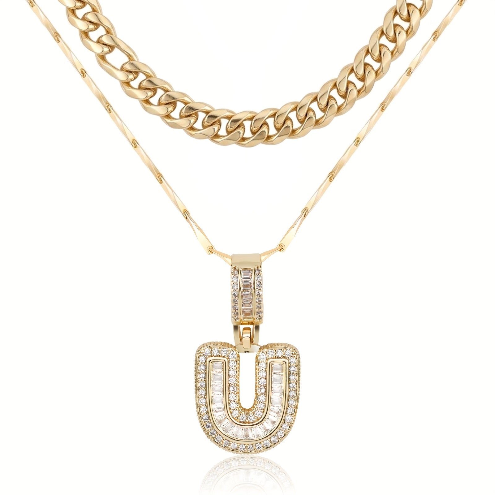 2pc 14k Layered Cuban & Initial Necklaces