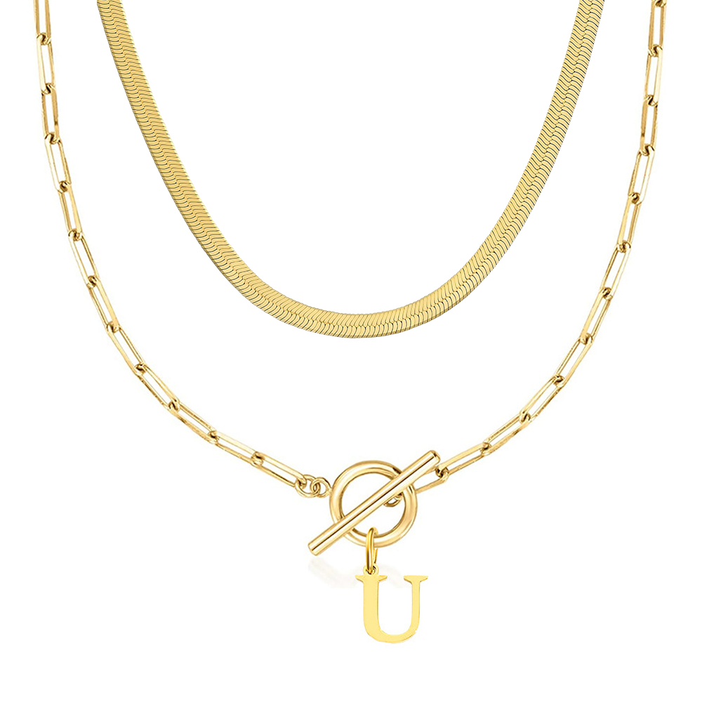 2pc Paperclip Initial Toggle Clasp & Herringbone Necklace Set