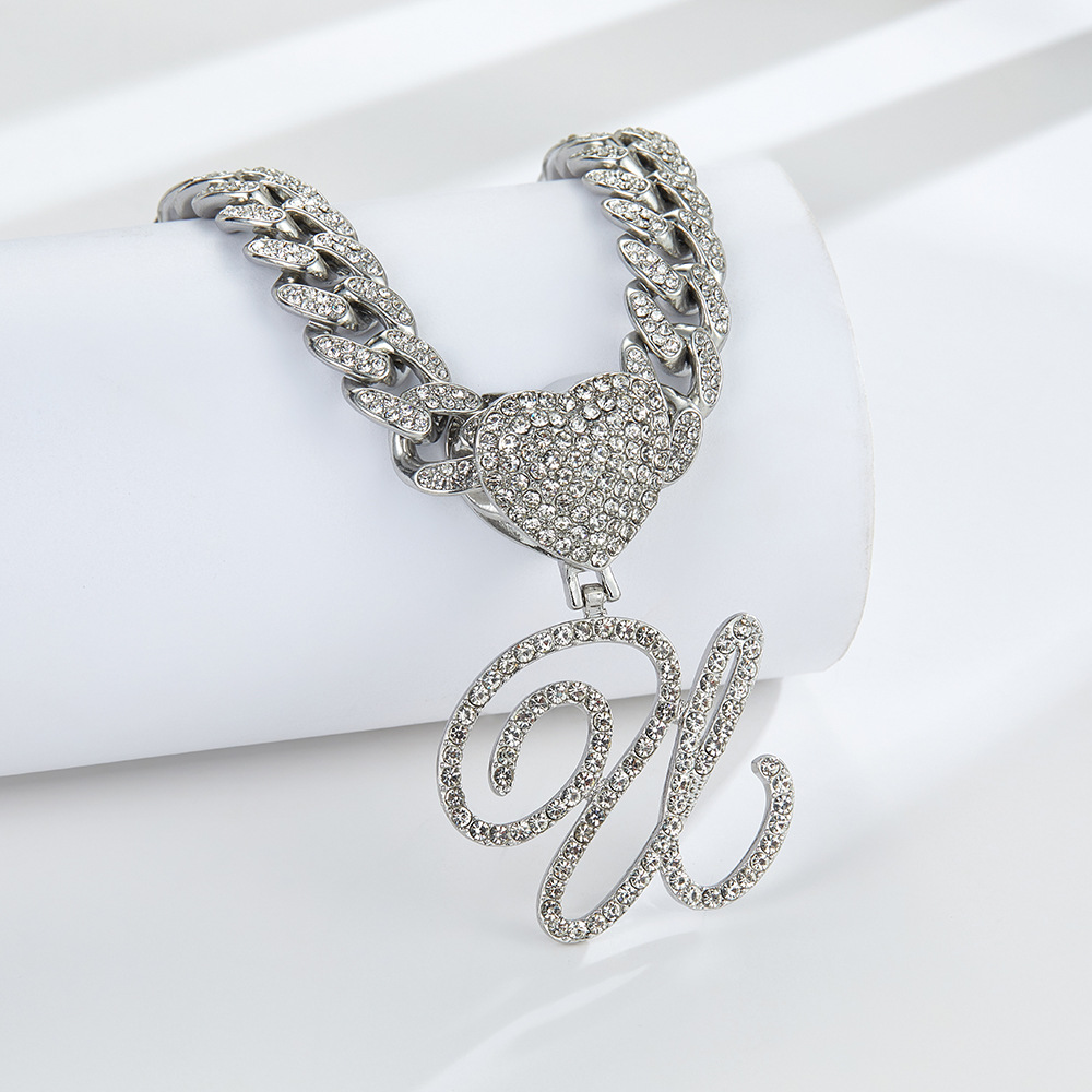 Cursive Diamond Accented Initial Cuban Heart Necklace