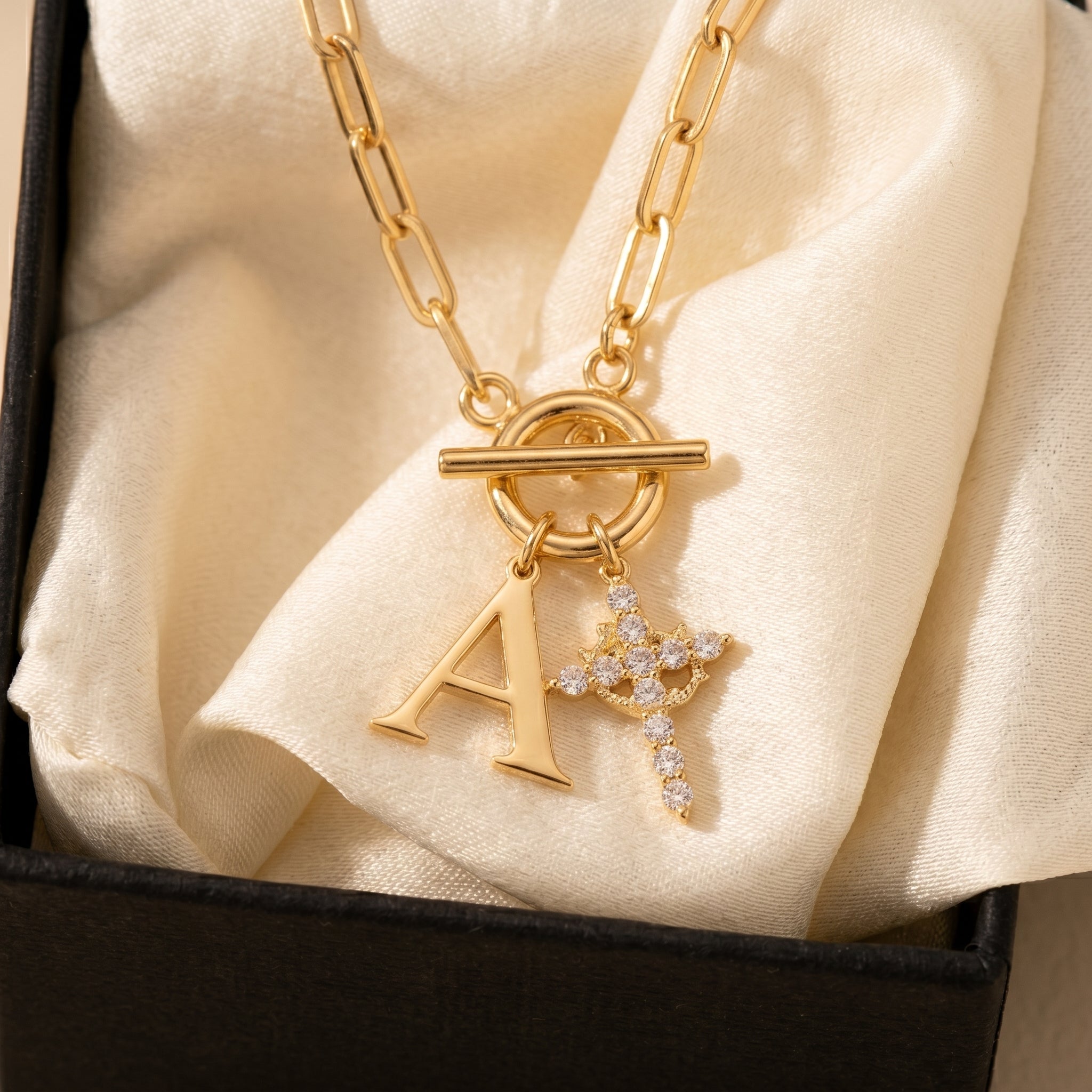 Paperclip Initial & Cross Toggle Clasp Necklace