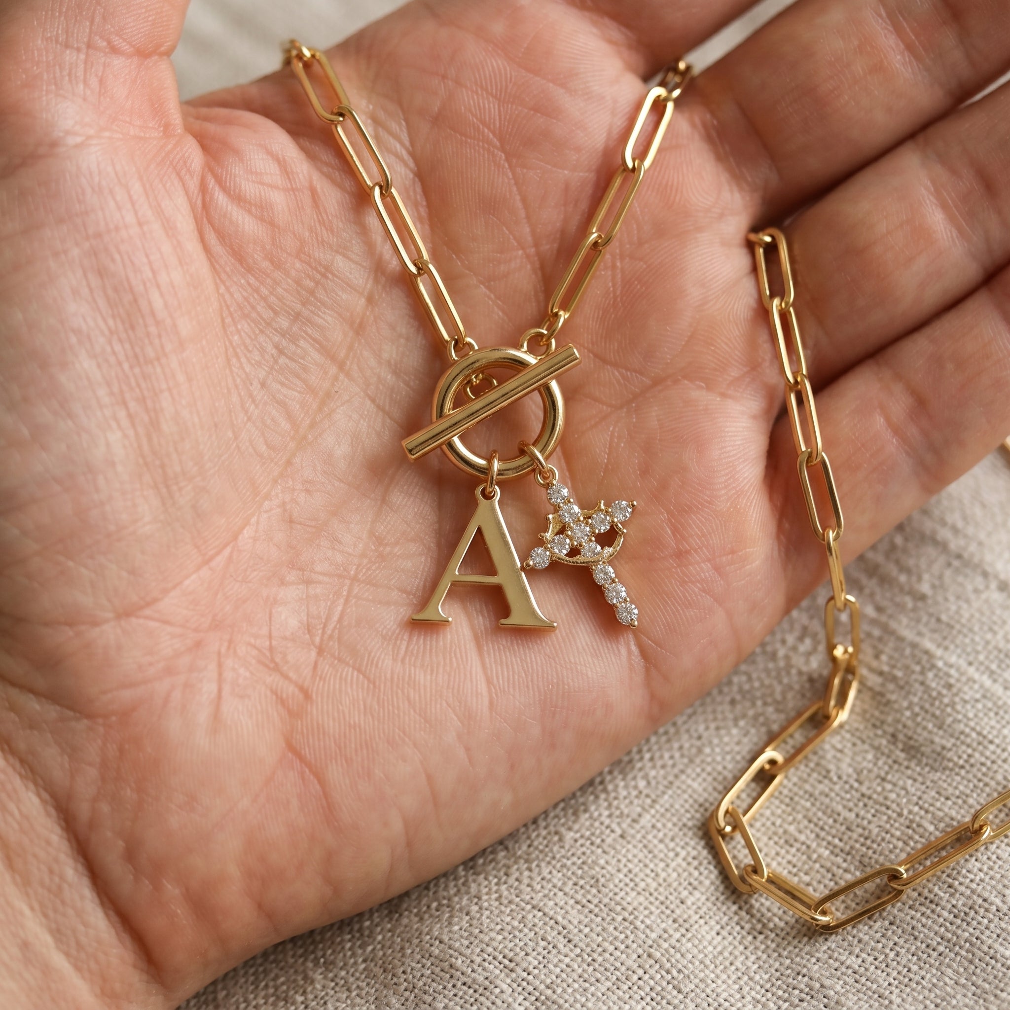 Paperclip Initial & Cross Toggle Clasp Necklace