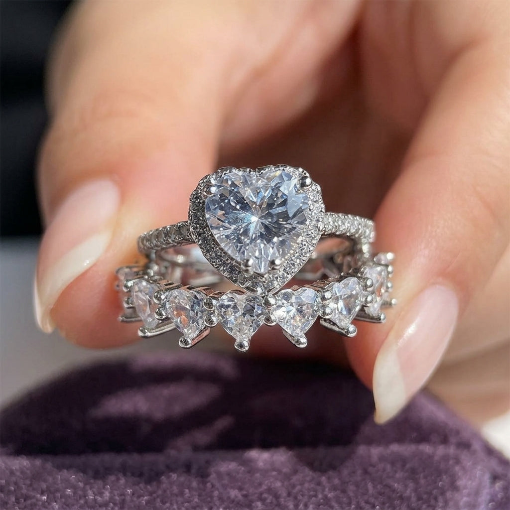 2pc Elegant Heart CZ Ring Stack