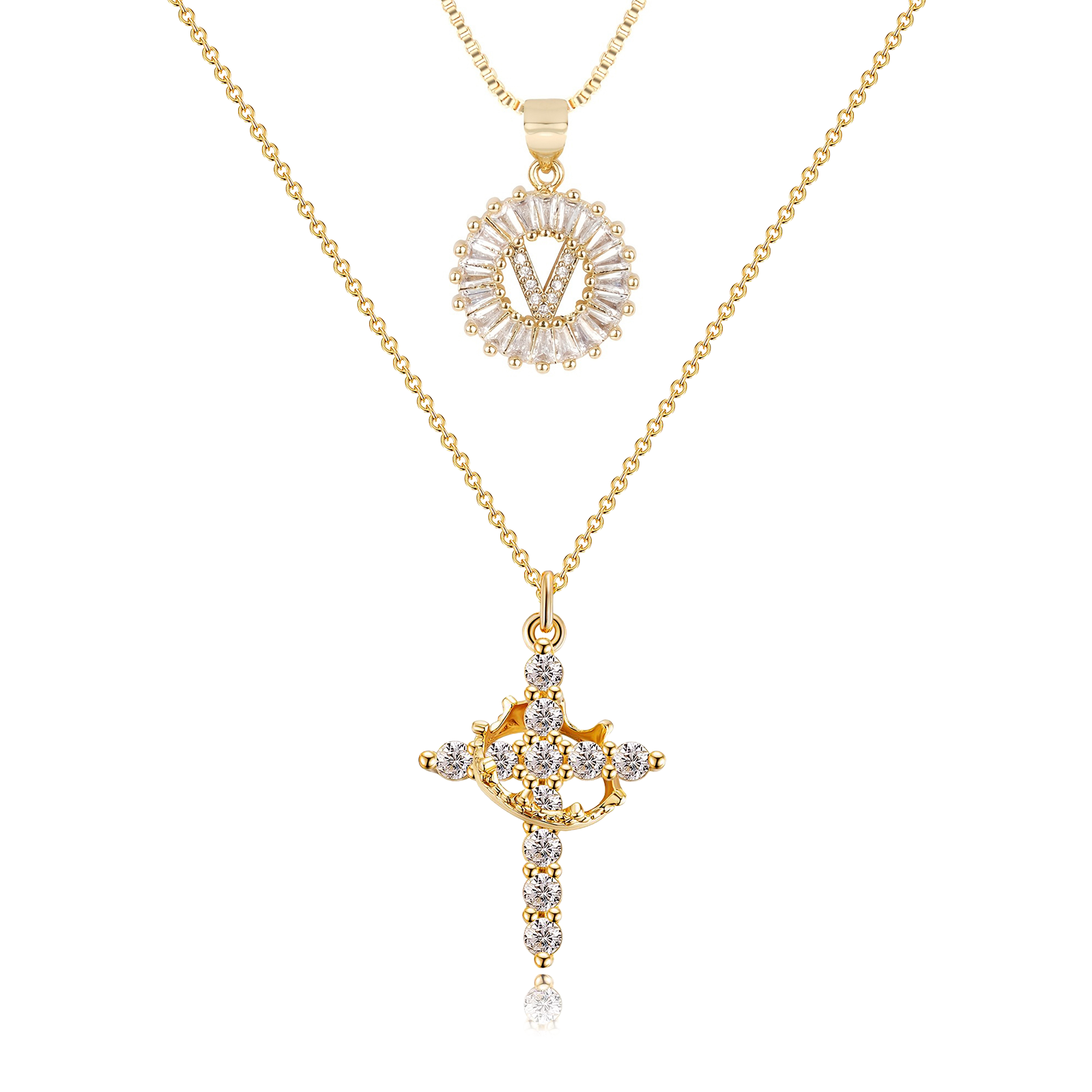 2pc 14k Diamond Cross Crown & Initial Necklace Set