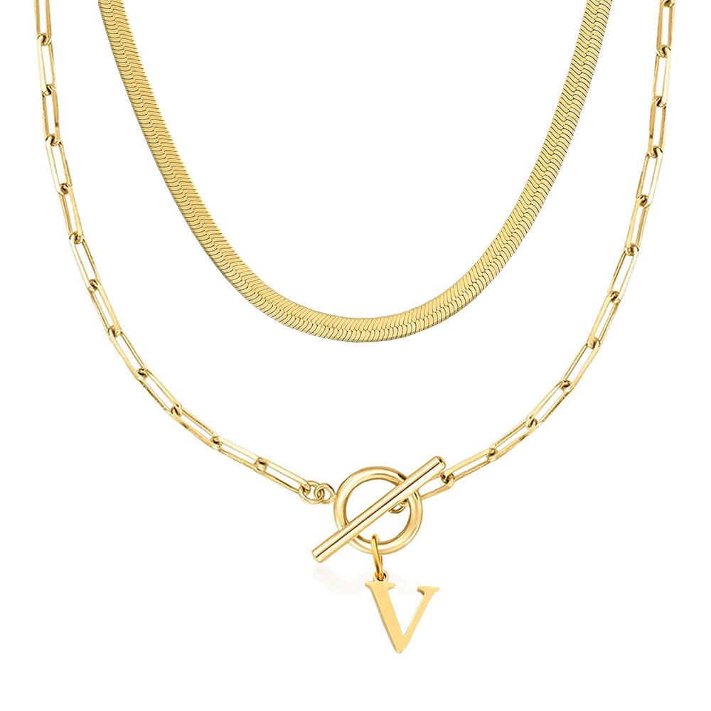2pc Paperclip Initial Toggle Clasp & Herringbone Necklace Set